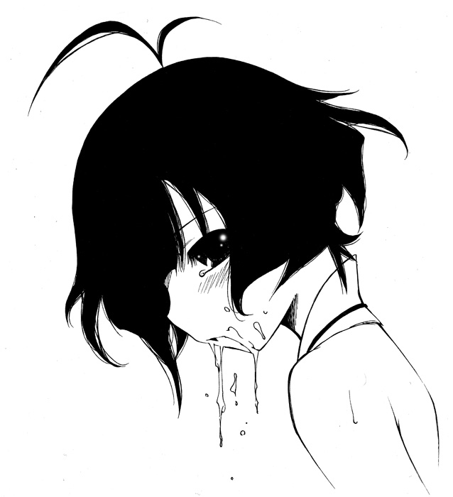 benjamin, akizuki ryo, idolmaster, idolmaster dearly stars, 00s, 1boy, bare shoulders, crossdressing, crossdressing (mtf), cum, cum in mouth, cum on body, cute & girly (idolmaster), facial, greyscale, male focus, monochrome, short hair, simple background, solo, tears, trap, white background