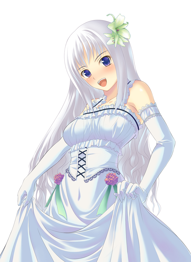 iroha (unyun), original, 1girl, blue eyes, blush, bride, dress, elbow gloves, female focus, gloves, hair ornament, navel, smile, solo, wedding dress, white gloves, white hair