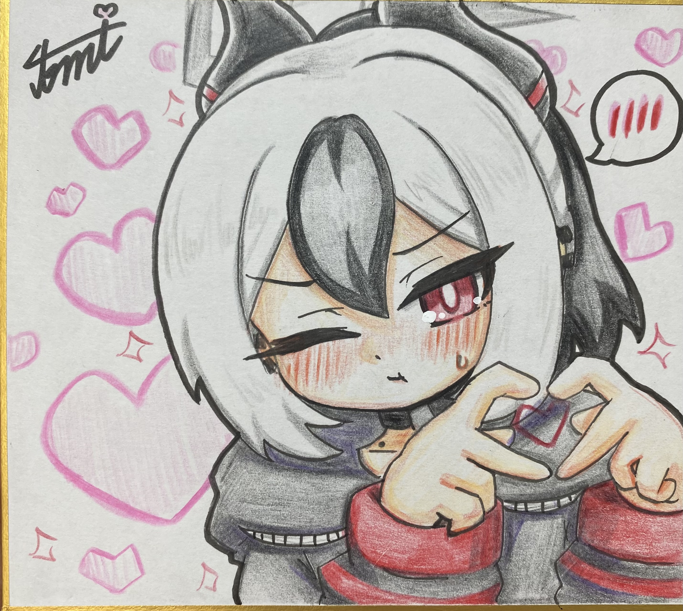tomimon, kayoko (blue archive), blue archive, absurdres, commentary request, highres, traditional media, 1girl, :t, black choker, black hair, black hoodie, black horns, blush, choker, closed mouth, collarbone, demon girl, demon horns, grey halo, halo, heart, heart hands, hood, hood down, hoodie, horns, looking at viewer, mole, mole on collarbone, multicolored hair, one eye closed, ponytail, pout, red eyes, shikishi, solo, two-tone hair, white hair