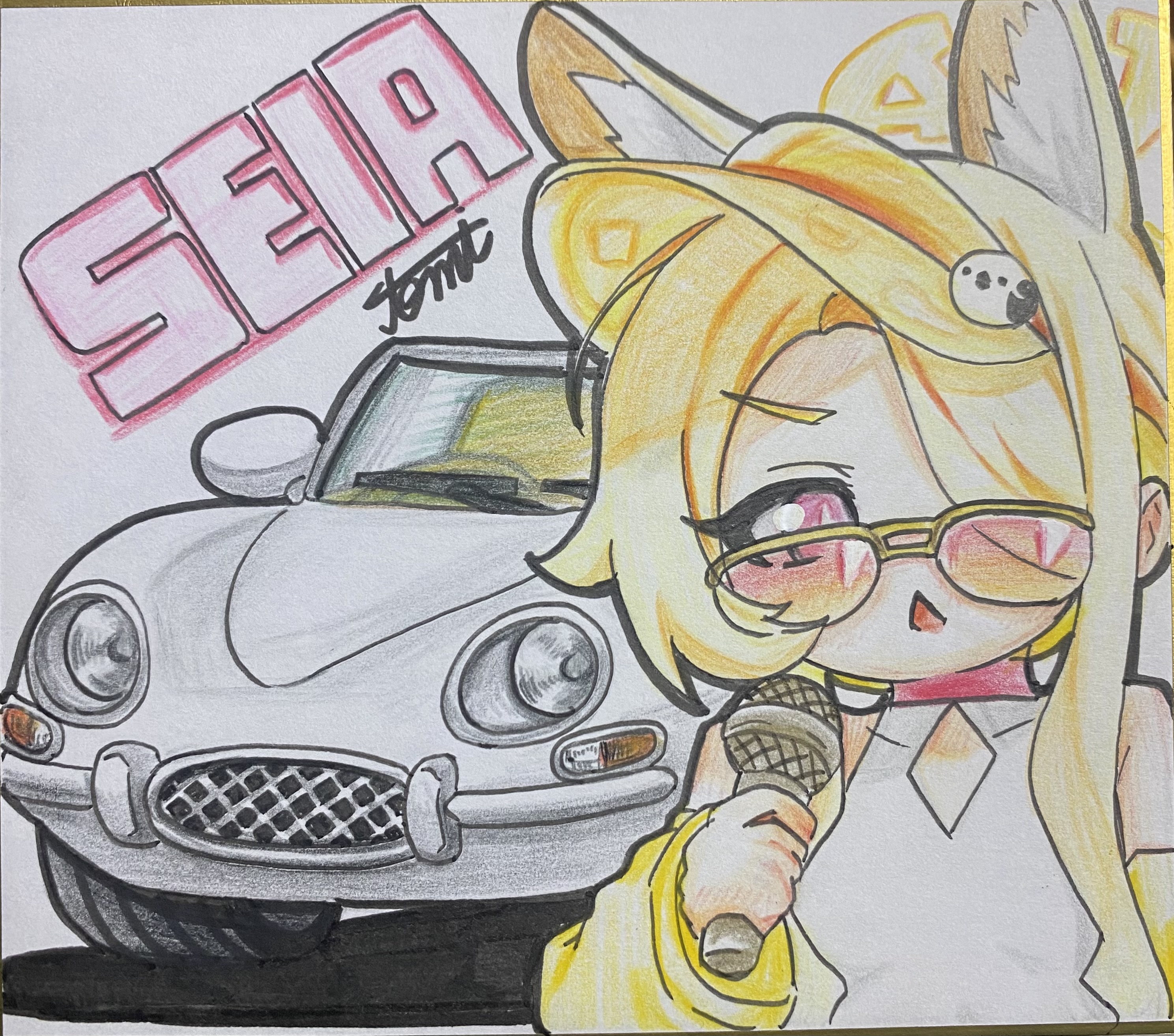 tomimon, seia (blue archive), seia (swimsuit) (blue archive), blue archive, absurdres, commentary request, highres, traditional media, 1girl, animal ears, blonde hair, car, holding, holding microphone, microphone, motor vehicle, shikishi, solo