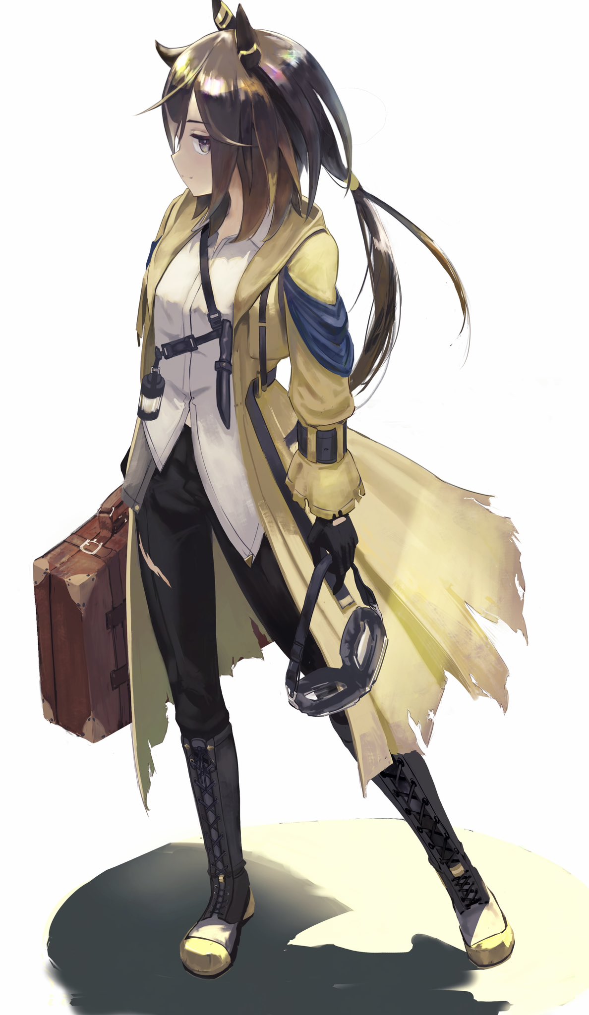 o ko ge2024, stay gold (umamusume), umamusume, highres, 1girl, animal ears, black boots, black hair, black pants, boots, brown eyes, brown hair, coat, ear covers, goggles, hair between eyes, holding, holding goggles, holding suitcase, horse ears, horse girl, horse tail, knife, knife sheath, long hair, multicolored hair, pants, sheath, shirt, solo, stay gold (sunlit outsider) (umamusume), streaked hair, suitcase, tail, torn clothes, torn coat, white hair, white shirt, wrist belt, yellow coat