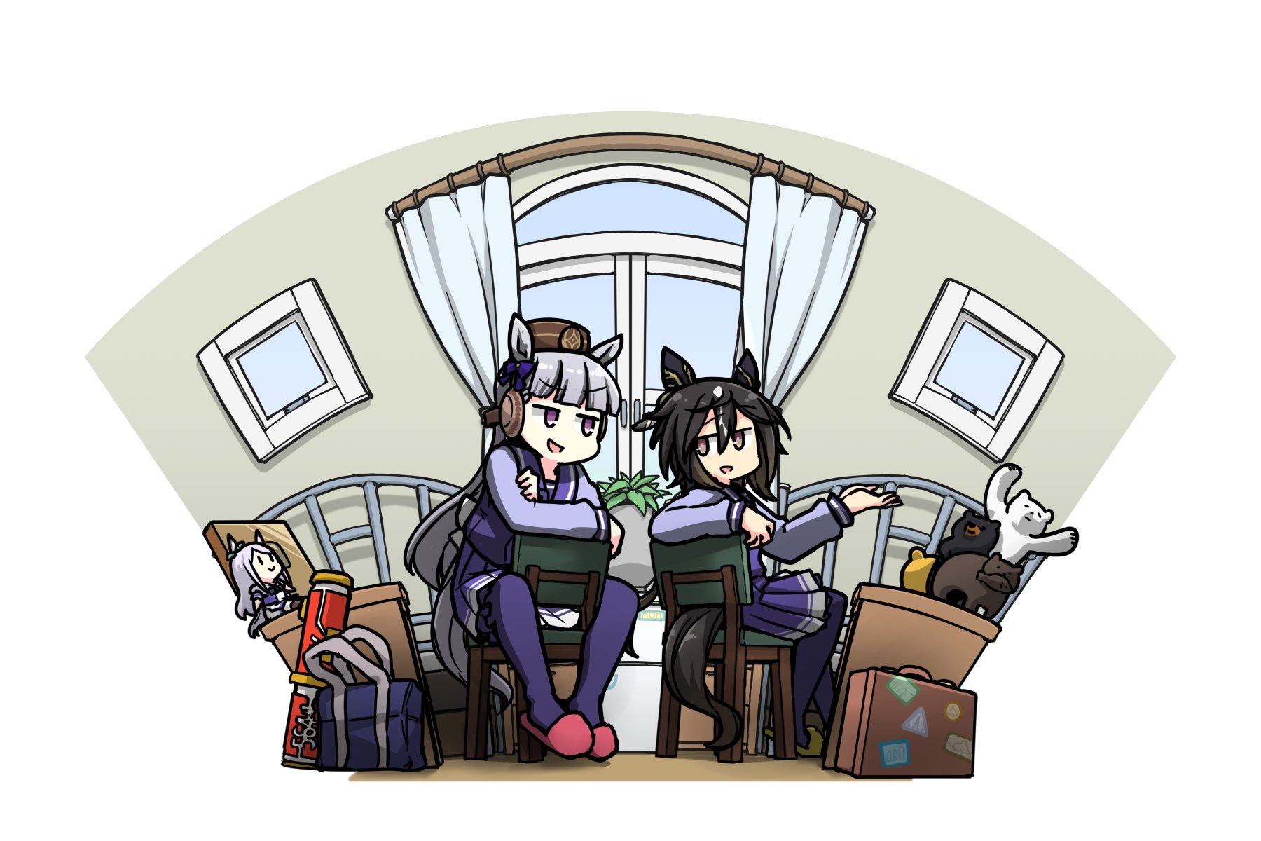 hamu koutarou, gold ship (umamusume), stay gold (umamusume), umamusume, highres, 2girls, animal ears, bag, black hair, blunt bangs, bow, brown eyes, brown hair, brown hat, chair, character doll, doll, ear bow, ear covers, ear ribbon, grey hair, hair between eyes, hat, horse ears, horse girl, horse tail, long hair, long sleeves, multicolored hair, multiple girls, open mouth, pillbox hat, purple bow, purple eyes, purple sailor collar, purple serafuku, purple shirt, purple skirt, purple thighhighs, sailor collar, sailor shirt, school bag, school uniform, serafuku, shirt, sitting, skirt, smile, streaked hair, stuffed animal, stuffed toy, tail, thighhighs, tracen school uniform, white hair