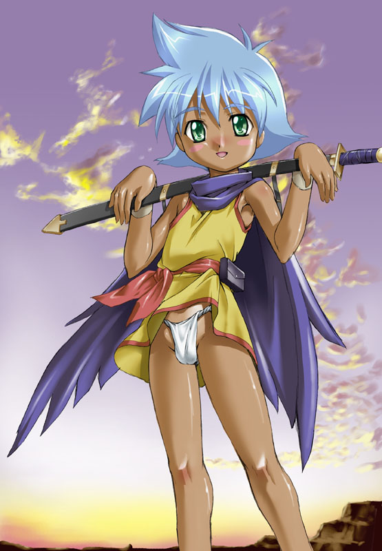 tsubame tsubakura, battle b-daman, 1boy, blue hair, dark skin, fundoshi, japanese clothes, loincloth, male focus, shota, solo