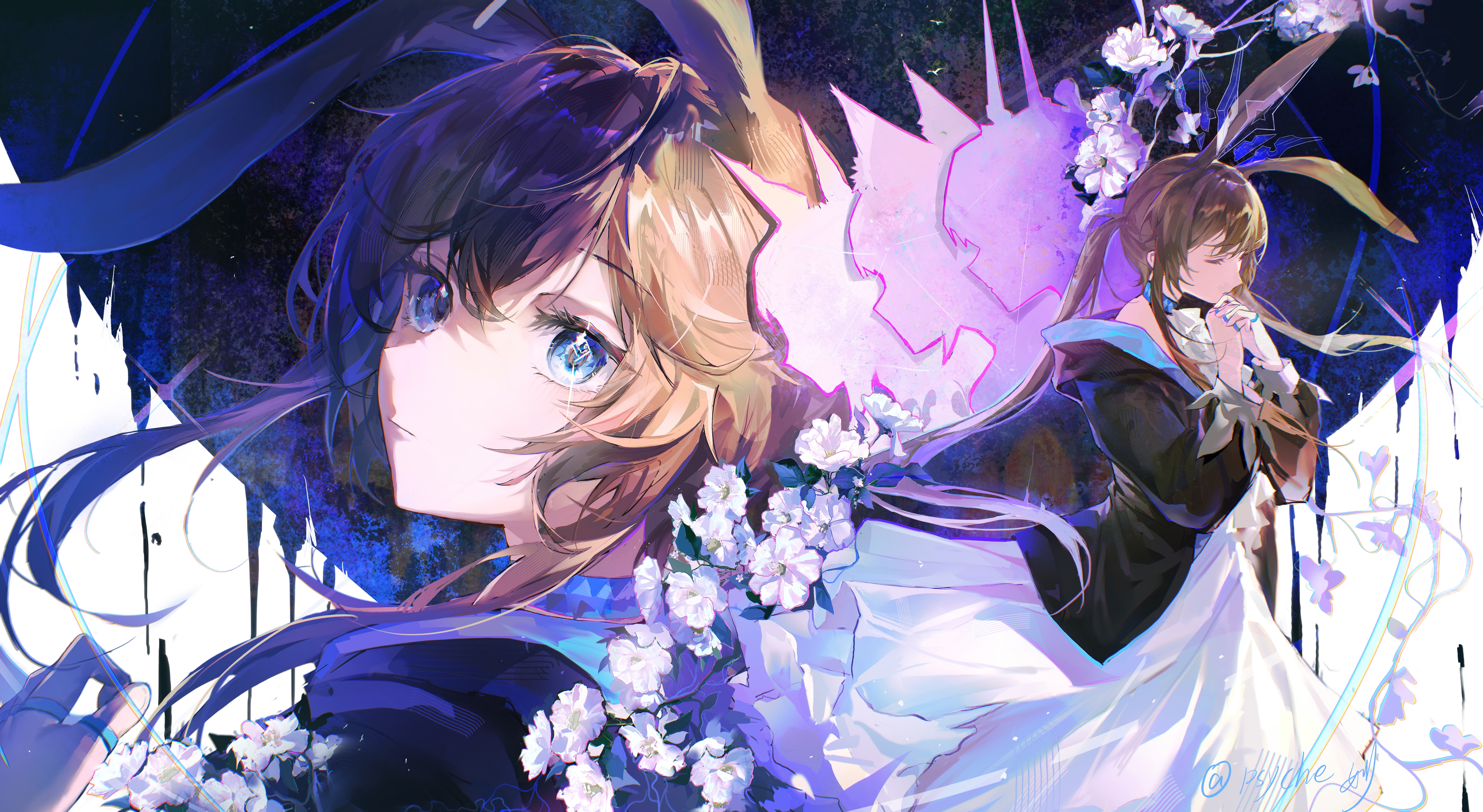 miaoling (miaoling 33zenobia), amiya (arknights), amiya (medic) (arknights), kal'tsit (arknights), mon3tr (arknights), theresa (arknights), arknights, absurdres, chinese commentary, commentary request, highres, 1girl, animal ears, black jacket, blue eyes, brown hair, closed eyes, closed mouth, cowboy shot, dress, flower, hair between eyes, hands up, interlocked fingers, jacket, jewelry, long hair, long sleeves, looking at viewer, looking back, multiple rings, multiple views, own hands together, profile, rabbit ears, rabbit girl, ring, silhouette, standing, white dress, white flower