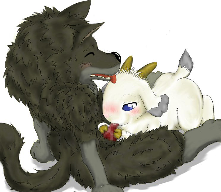 gabu (arashi no yoru ni), mei (arashi no yoru ni), arashi no yoru ni, fellatio, furry, furry male, goat, male focus, oral, white background, wolf, yaoi