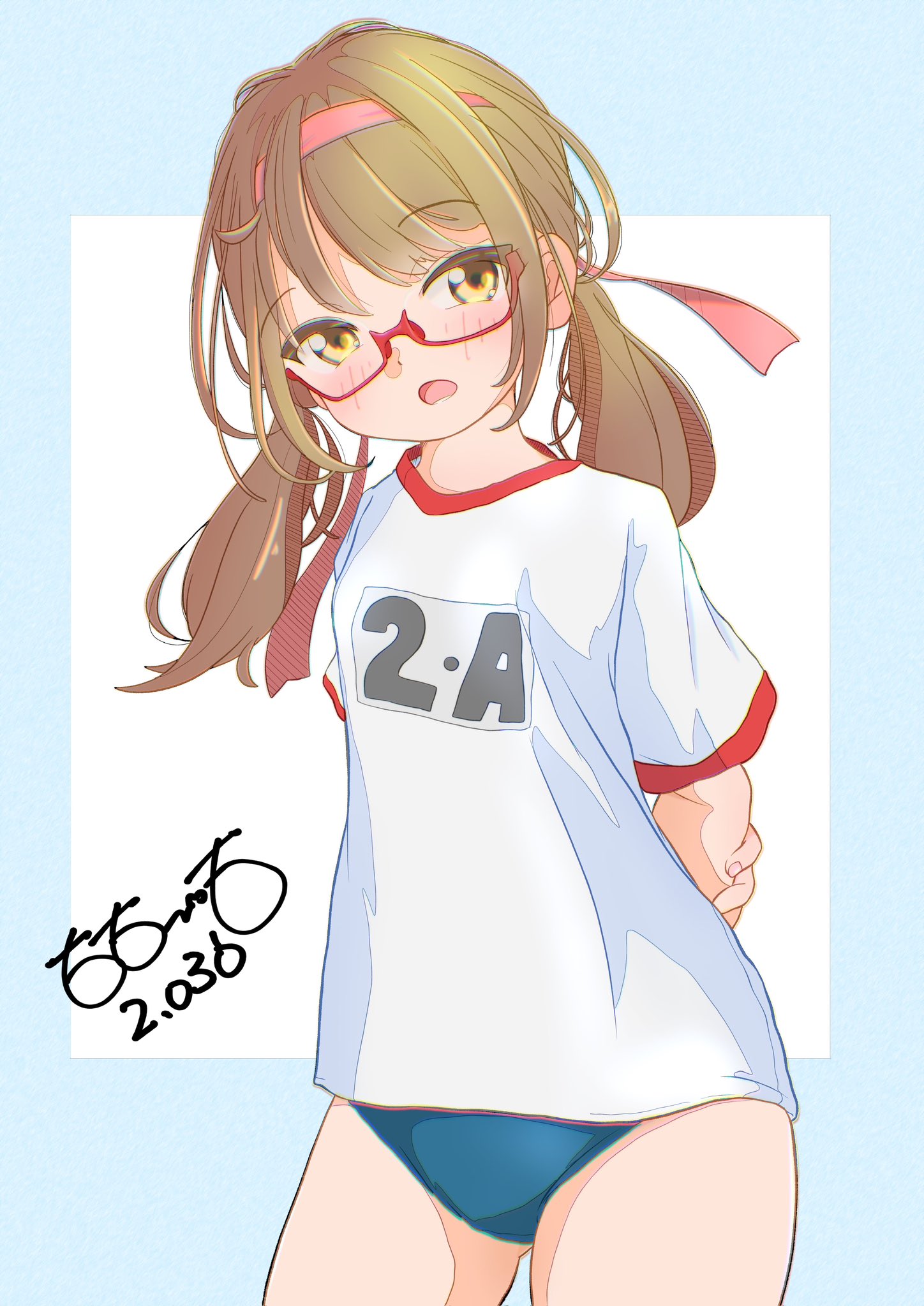 totomoto, original, highres, 1girl, arms behind back, artist name, blue border, blue buruma, blush, border, brown hair, buruma, cowboy shot, dot nose, glasses, gym shirt, hairband, head tilt, long hair, looking at viewer, open mouth, outside border, parted bangs, pink hairband, red-framed eyewear, shirt, sidelocks, signature, simple background, solo, thighs, twintails, white background, white shirt, yellow eyes