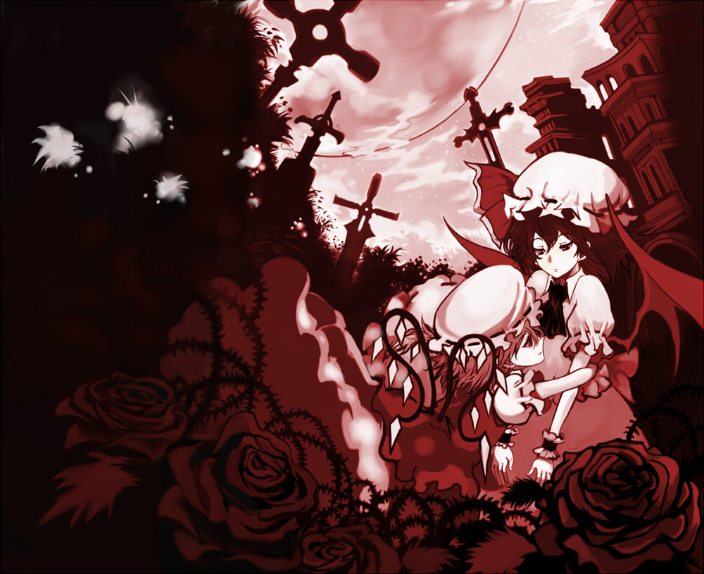 sasurai susuki, flandre scarlet, remilia scarlet, touhou, 2girls, bat wings, bow, building, cross, dress, female focus, flower, frills, full moon, hair bow, hat, hat ribbon, hug, looking down, monochrome, moon, multiple girls, pale skin, profile, red theme, ribbon, rose, short hair, siblings, sisters, thorns, wings