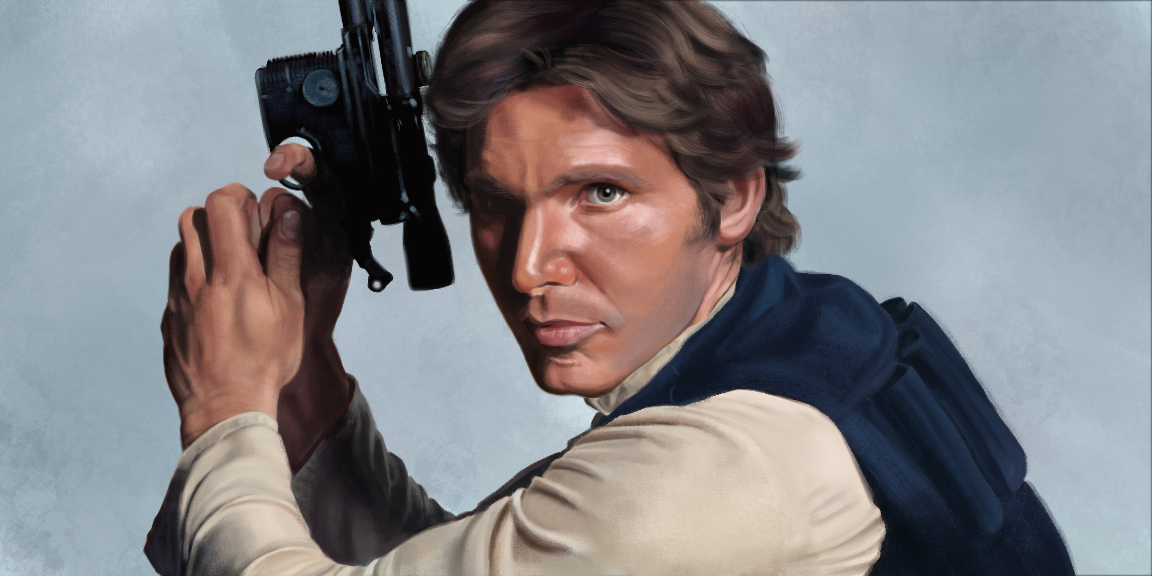han solo, star wars, star wars: a new hope, absurdres, highres, 1boy, black vest, brown eyes, brown hair, gun, handgun, holding, holding gun, holding weapon, katrina rodriguez, looking at viewer, realistic, shirt, short hair, solo, upper body, vest, weapon, white shirt