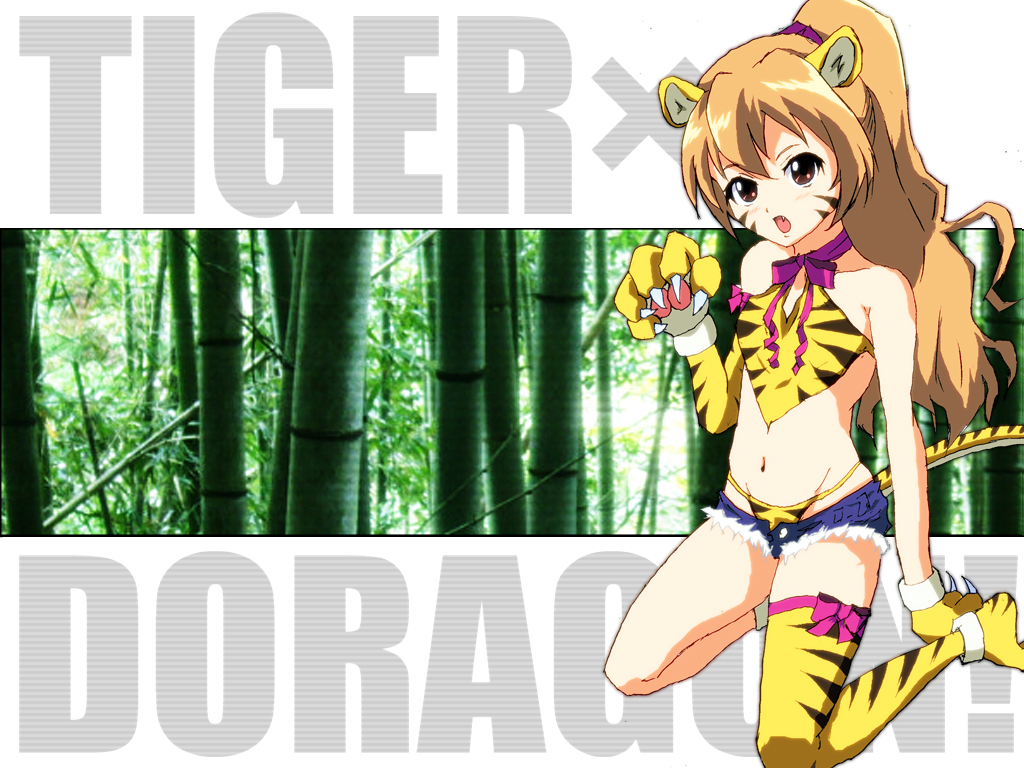 oxi, aisaka taiga, toradora!, 00s, 1girl, animal ears, animal hands, animal print, bikini, brown eyes, brown hair, denim, denim shorts, facepaint, fang, female focus, flat chest, panties, paw shoes, ponytail, short shorts, shorts, single thighhigh, solo, swimsuit, tail, thighhighs, thong, thong bikini, tiger ears, tiger print, underwear