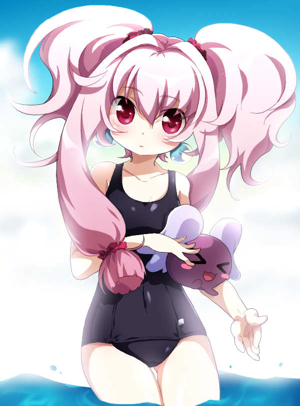 nevebianca, yukiyuki yuki, ootorii tsubame, petit ange, akihabara dennou gumi, bad id, bad pixiv id, > <, 1990s (style), 1girl, black one-piece swimsuit, blunt sidelocks, blush, closed eyes, flat chest, long hair, low-tied sidelocks, one-piece swimsuit, pink eyes, pink hair, retro artstyle, school swimsuit, sidelocks, swimsuit, wading, water