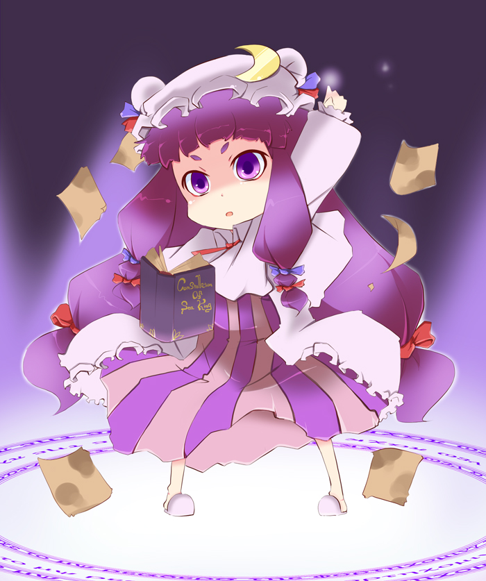 sukehiro, patchouli knowledge, touhou, 1girl, book, crescent, female focus, flying paper, hat, long hair, paper, purple eyes, purple hair, solo