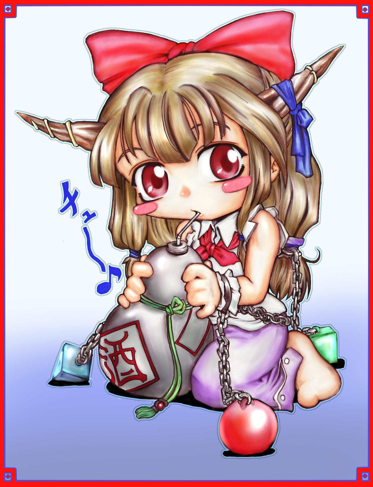 ledjoker07, ibuki suika, touhou, highres, 1girl, bow, brown hair, chain, female focus, full body, gradient background, hair bow, horn ornament, horn ribbon, horns, long hair, oni, red eyes, ribbon, sitting, solo
