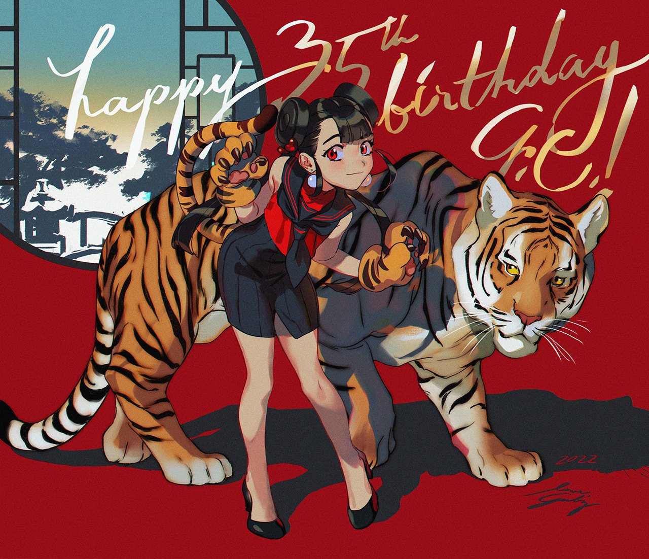 juby, achika (overlord jc), original, 1girl, alternate costume, animal, animal hands, black hair, black neckerchief, black sailor collar, black shoes, black skirt, borrowed character, donut hair bun, double bun, earrings, full body, gift art, gloves, hair bun, hands up, happy birthday, high heels, jewelry, leaning forward, neckerchief, paw gloves, pearl earrings, red background, red eyes, red serafuku, red shirt, sailor collar, school uniform, serafuku, shirt, shoes, skirt, sleeveless, sleeveless shirt, solo, sphere earrings, standing, tiger, tiger paws, w arms, window