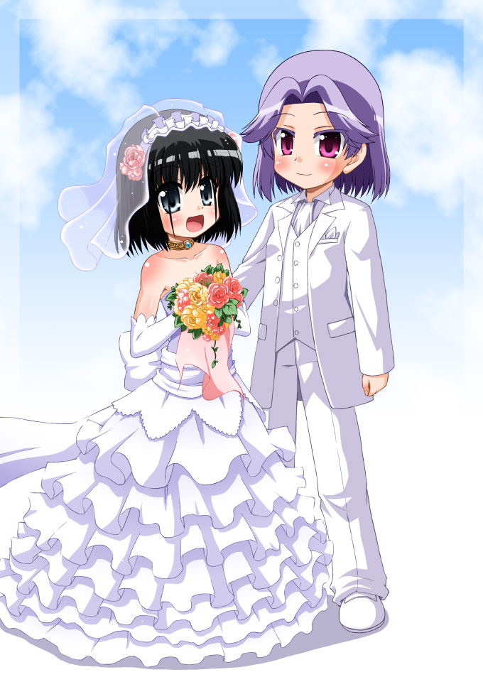 hino hino, kajiki yumi, touyoko momoko, saki (manga), 00s, 2girls, bare shoulders, bride, choker, crossdressing, crossdressing (ftm), dress, multiple girls, tuxedo, wedding dress, wife and wife, yuri