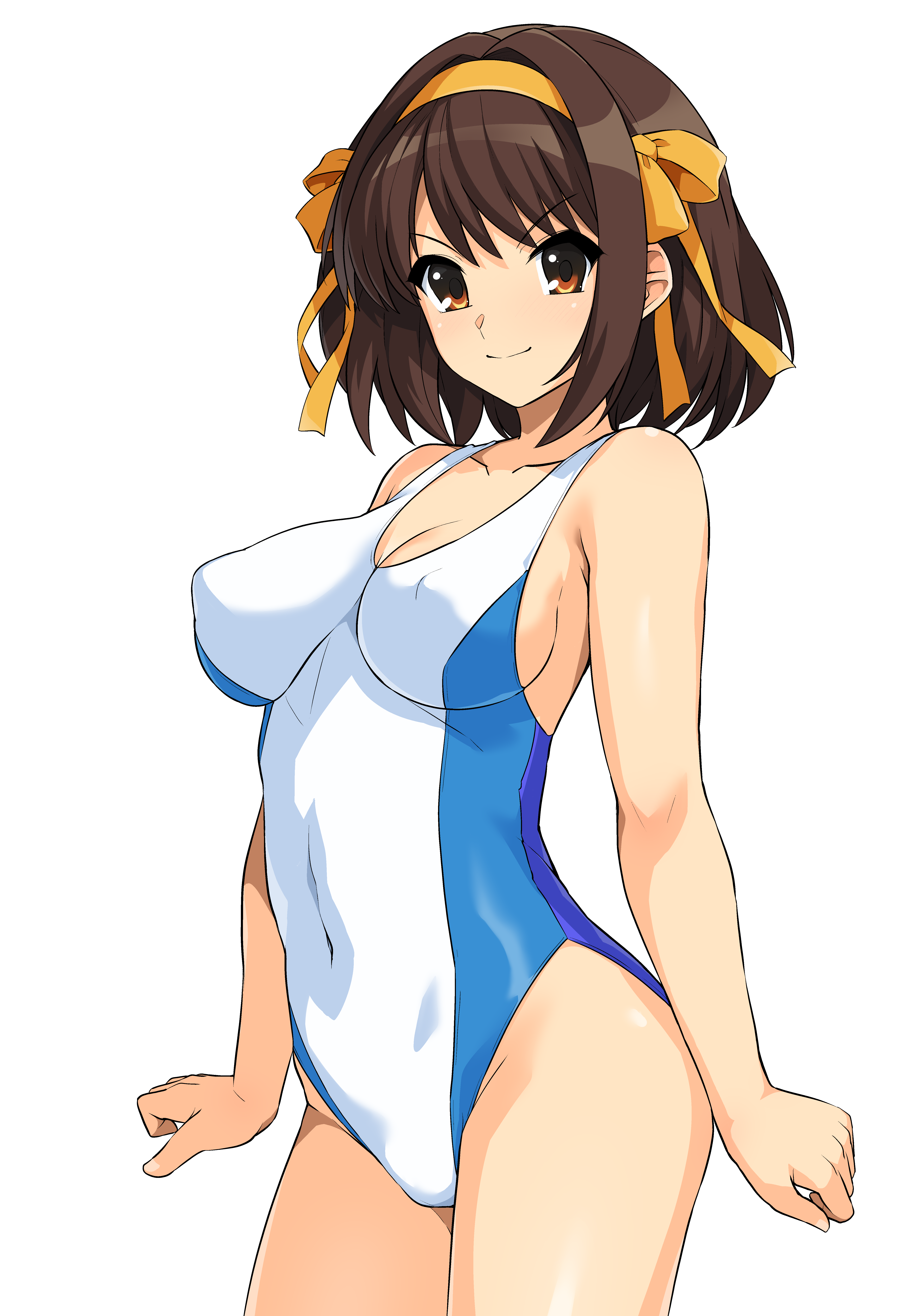haruhisky, suzumiya haruhi, suzumiya haruhi no yuuutsu, absurdres, commentary request, highres, variant set, 1girl, breasts, brown eyes, brown hair, closed mouth, collarbone, covered erect nipples, covered navel, cowboy shot, hair ribbon, hairband, large breasts, medium hair, one-piece swimsuit, ribbon, simple background, smile, solo, standing, swimsuit, thighs, white background, white one-piece swimsuit, yellow hairband, yellow ribbon