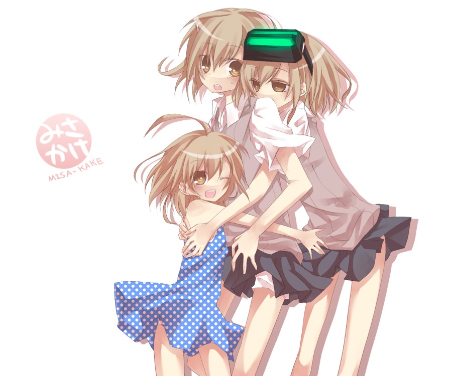 ciel arc, last order (toaru majutsu no index), misaka imouto, misaka mikoto, toaru majutsu no index, bad id, bad pixiv id, 00s, 3girls, blush, brown hair, female focus, flat chest, girl sandwich, group hug, head-mounted display, hug, multiple girls, one eye closed, open mouth, panties, sandwiched, short hair, shorts, underwear, wink