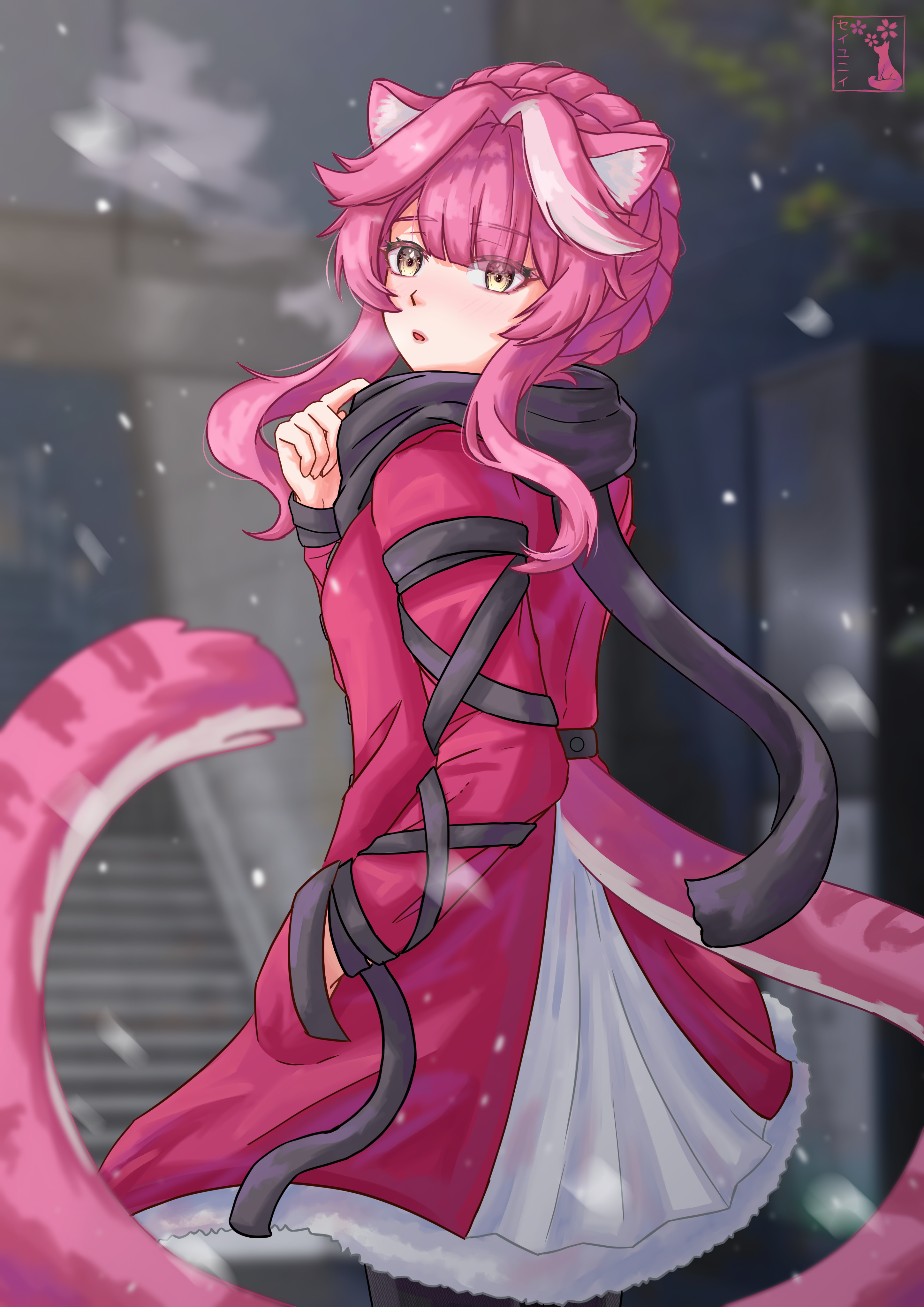raora panthera, hololive, hololive english, absurdres, artist request, highres, non-web source, source request, 1girl, animal ears, black scarf, brown eyes, coat, looking at viewer, multicolored hair, open mouth, panther ears, panther girl, panther tail, pink hair, scarf, snowing, solo, tail, virtual youtuber, white streaks, winter clothes, winter coat