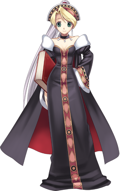 hirano katsuyuki, marlone, atelier (series), atelier marie, cross edge, official art, source request, 1girl, alternate costume, aqua eyes, bare shoulders, blonde hair, book, breasts, choker, cleavage, dress, earrings, female focus, full body, green eyes, hand on own hip, hat, jewelry, long hair, long sleeves, medium breasts, off shoulder, parted bangs, robe, smile, solo, standing, transparent background, wide sleeves