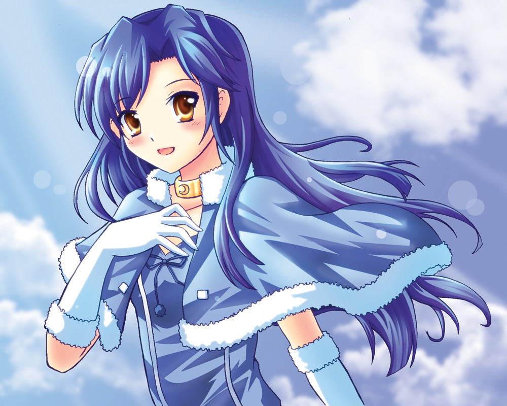 ryusei (green aqua road), kisaragi chihaya, idolmaster, idolmaster (classic), 00s, blue hair, cute & girly (idolmaster), gloves, long hair, solo, yellow eyes