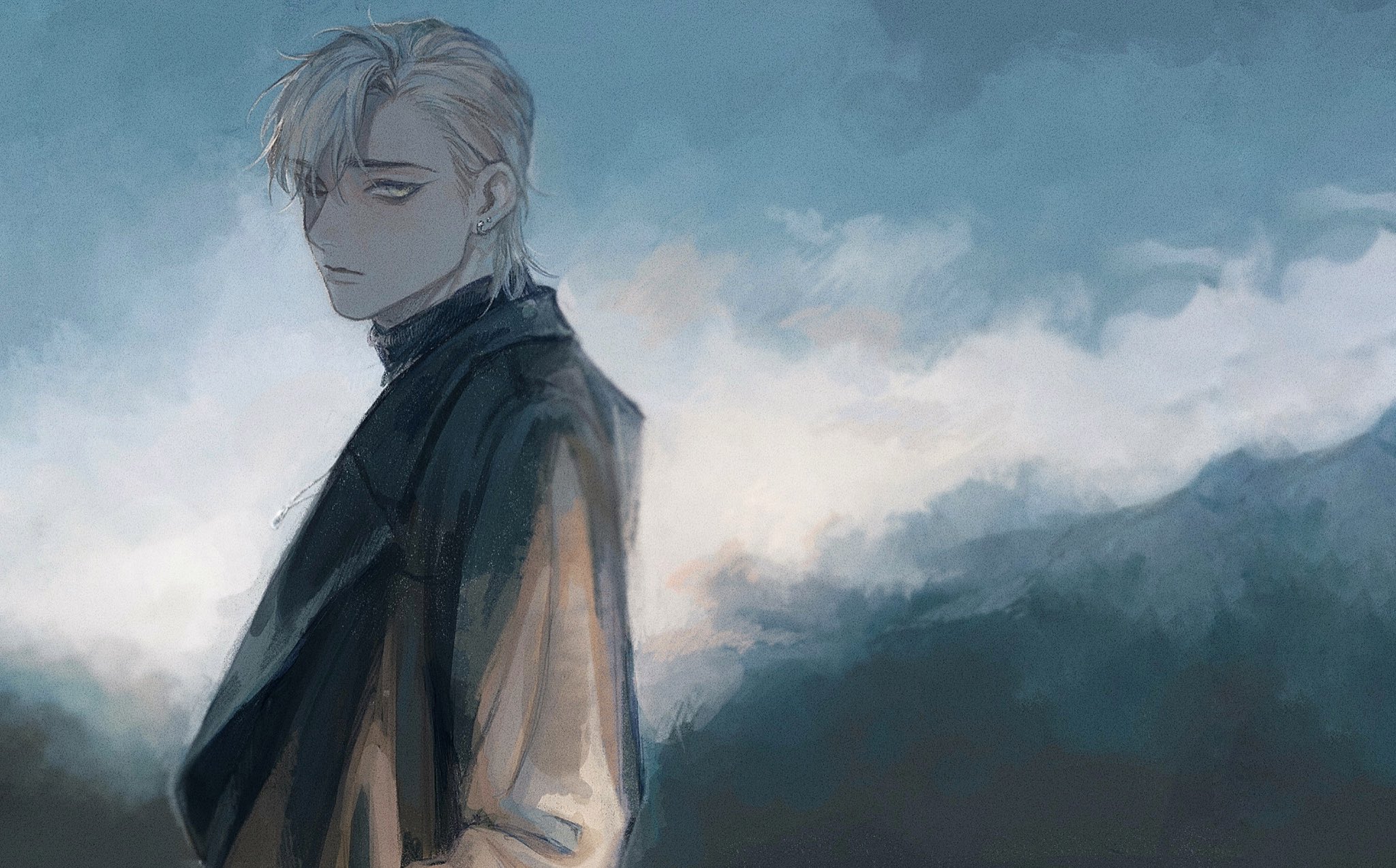 mame (mmgamegg), highres, 1boy, bags under eyes, blonde hair, blurry, blurry background, chinatsu (kimi no yoru ni fureru), hair slicked back, jacket, kimi no yoru ni fureru, looking at viewer, male focus, simple background, turtleneck, yellow eyes