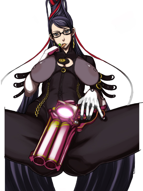 yukiguni eringi, bayonetta, bayonetta (series), 1girl, black hair, blue eyes, bodysuit, breasts, candy, chain, earrings, female focus, food, glasses, gun, hair bun, jewelry, large breasts, lollipop, long hair, looking down, mole, nipples, red ribbon, ribbon, simple background, single hair bun, solo, spread legs, tongue, very long hair, weapon, white background