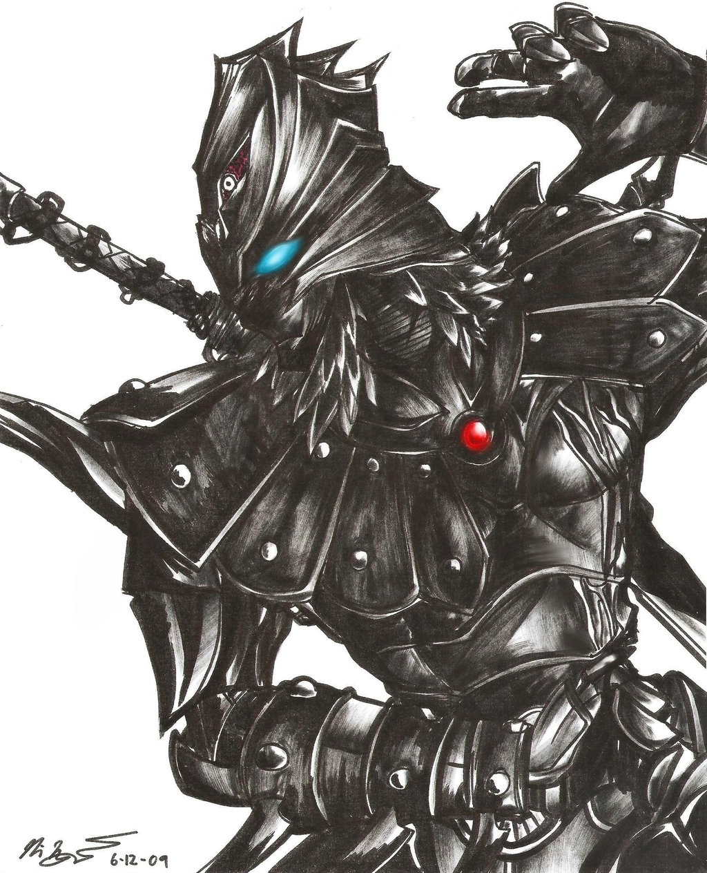 otoha (karas), karas, highres, 00s, armor, blue eyes, feathers, helmet, katana, no humans, sword, weapon