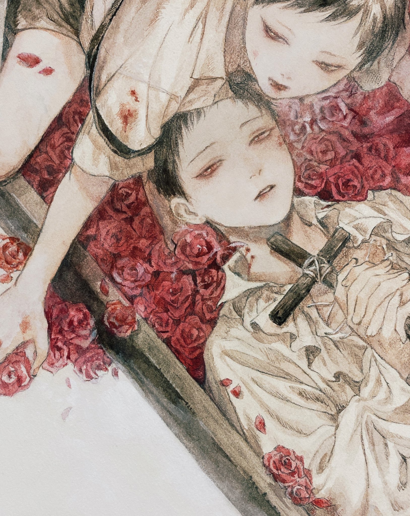 mame (mmgamegg), original, highres, 2boys, black hair, blood, blood on clothes, coffin, collared shirt, cross, flower, holding, holding cross, looking at viewer, male focus, multiple boys, red flower, red rose, rose, shirt, short hair, shorts, vampire, white shirt