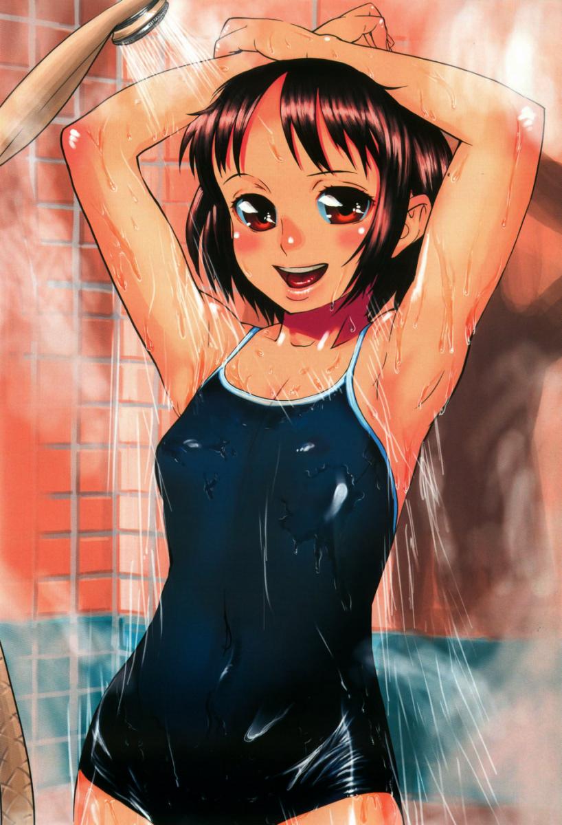 shima taka, original, highres, 1girl, armpits, arms behind head, arms up, brown eyes, brown hair, female focus, one-piece swimsuit, school swimsuit, shadow, shiny clothes, shiny skin, short hair, showering, solo, swimsuit, wet
