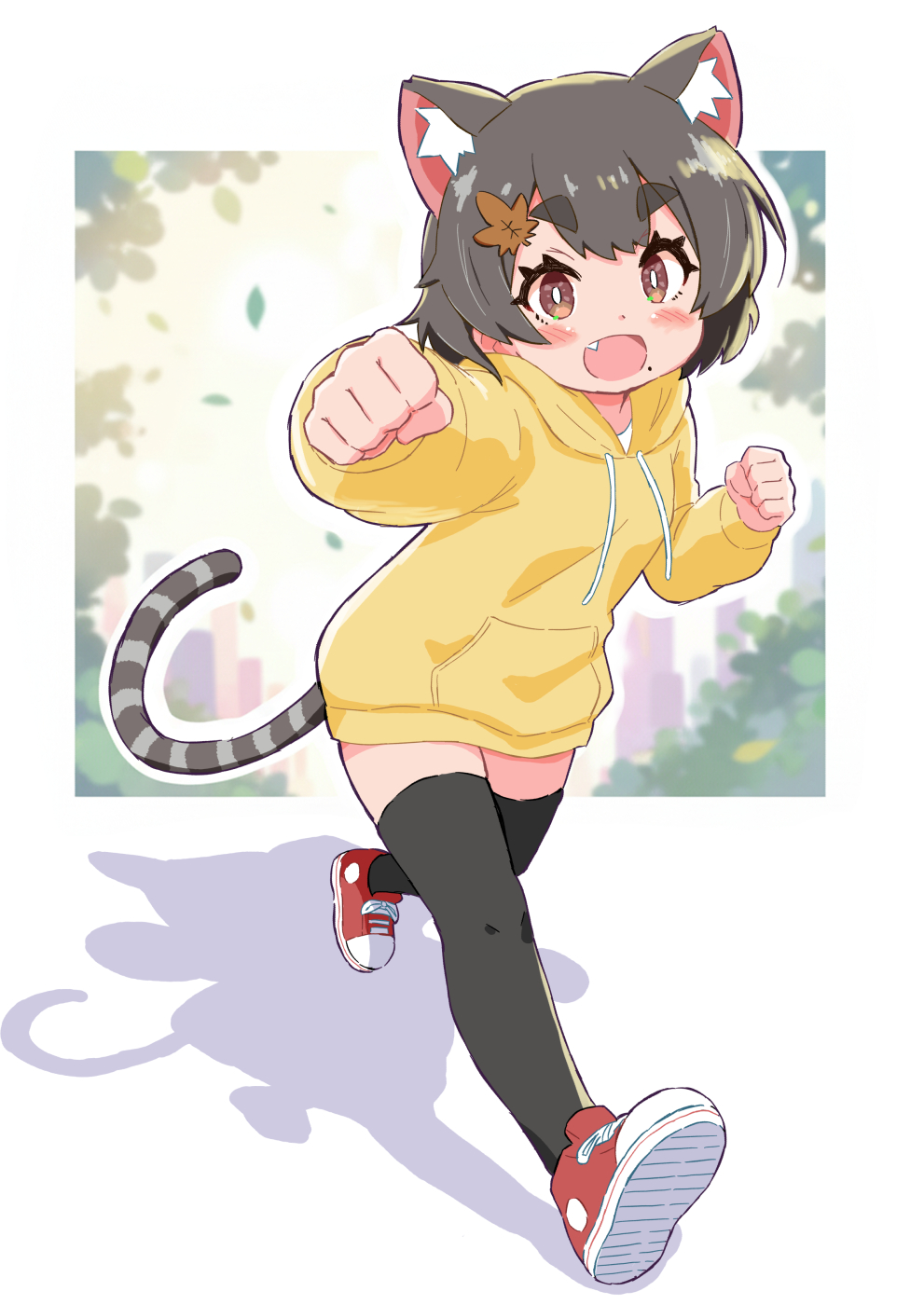 takamaru (minamimachi seisakusho), original, highres, 1girl, :d, animal ears, black thighhighs, cat ears, cat girl, cat tail, clenched hands, fang, full body, grey hair, hair ornament, hood, hood down, hoodie, leaf hair ornament, long sleeves, looking at viewer, no pants, open mouth, red shoes, running, shoes, short hair, smile, striped tail, tail, thick eyebrows, thighhighs, yellow hoodie