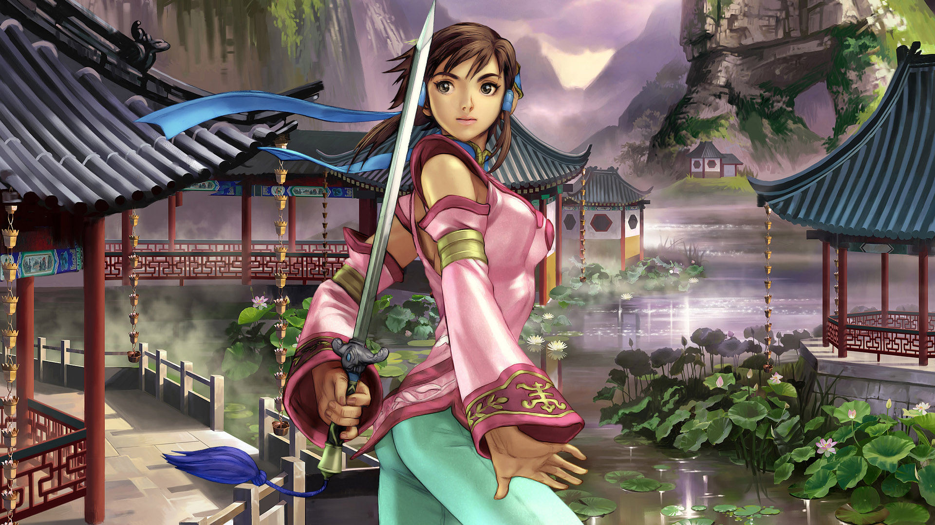 chai xianghua, soul calibur, soulcalibur, soulcalibur iii, highres, 1girl, brown hair, chinese clothes, detached sleeves, female focus, short hair, solo, sword, weapon
