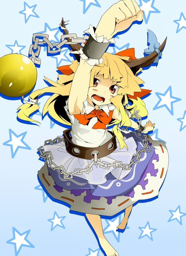 la-do, oguro (moyashi 2-hon), ibuki suika, touhou, bad id, bad pixiv id, 1girl, barefoot, chain, female focus, foreshortening, horns, solo