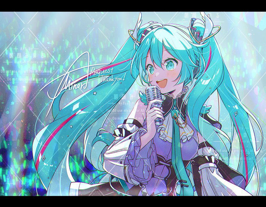 asagao minoru, hatsune miku, vocaloid, commentary request, 1girl, aqua eyes, aqua hair, aqua nails, aqua necktie, ascot, black skirt, black sleeves, blush, breasts, detached sleeves, fingernails, grey shirt, hair between eyes, hair ornament, hatsune miku expo, holding, holding microphone, long hair, long sleeves, medium breasts, microphone, nail polish, necktie, open mouth, pink hair, shirt, signature, skirt, sleeveless, sleeveless shirt, smile, solo, watermark, white ascot, wide sleeves