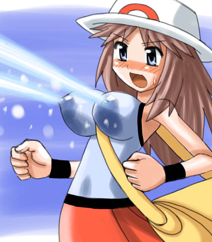 copo (copo deluxe), leaf (pokemon), nintendo, pokemon, pokemon adventures, lowres, revision, 1girl, alternate breast size (larger), blue eyes, blush, breast beam, breasts, brown hair, clenched hand, covered erect nipples, hat, large breasts, laser, long hair, open mouth, porkpie hat, powerful breasts, red skirt, shirt, skirt, sleeveless, sleeveless shirt, solo
