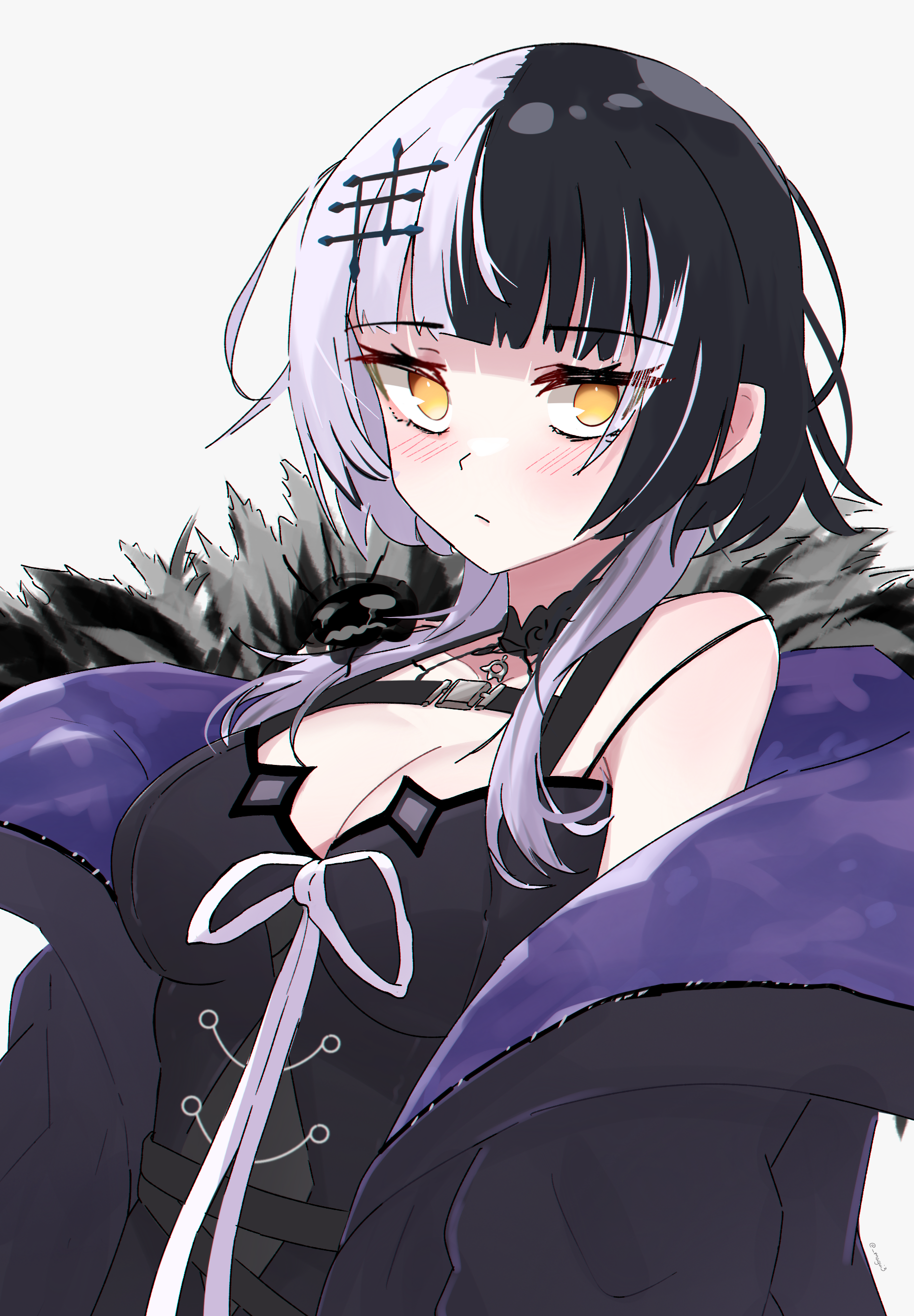 magui3, shiori novella, shiori novella (1st costume), yorick (shiori novella), hololive, hololive english, absurdres, highres, revision, 1girl, black coat, black dress, black hair, blush, breasts, cleavage, coat, dress, grey hair, looking at viewer, medium breasts, medium hair, multicolored hair, sleeveless, sleeveless dress, split-color hair, virtual youtuber, white background, yellow eyes