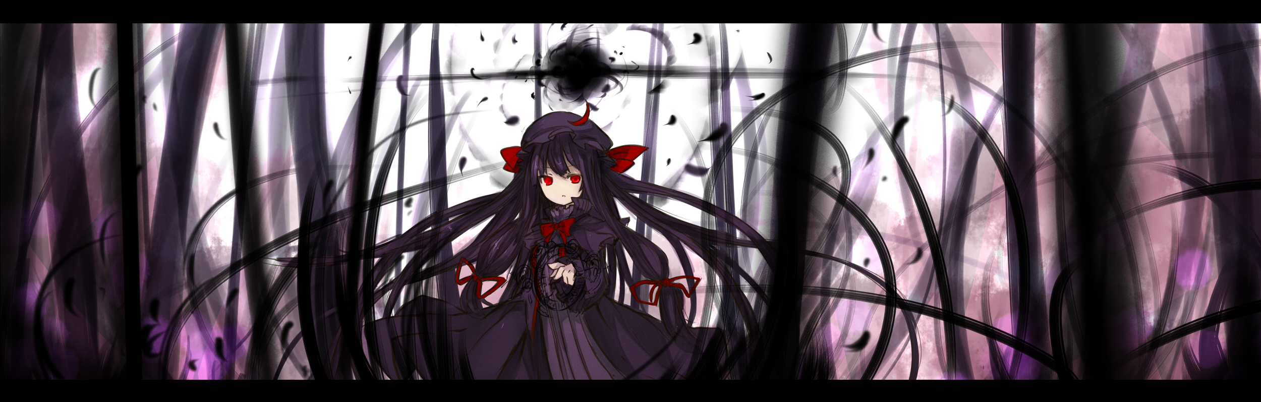 ganesagi, patchouli knowledge, uroboros (mugen), m.u.g.e.n, touhou, bad id, bad pixiv id, highres, long image, wide image, 1girl, alternate color, black hat, bow, female focus, hat, letterboxed, long hair, magic, magic circle, mob cap, red eyes, solo