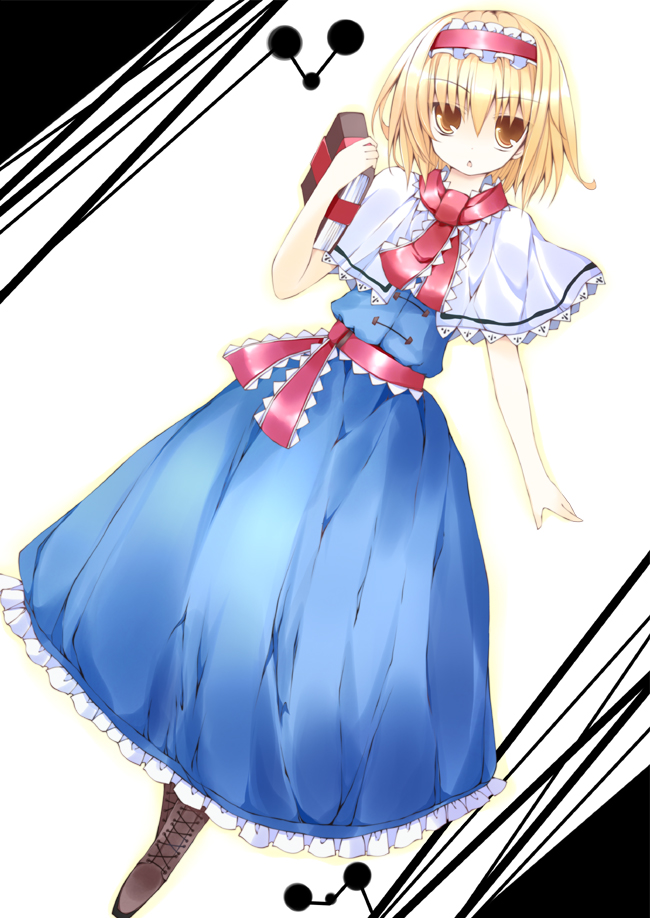 hoshikuzu, alice margatroid, touhou, bad id, 1girl, blonde hair, book, female focus, full body, hairband, short hair, solo, standing, white background, yellow eyes