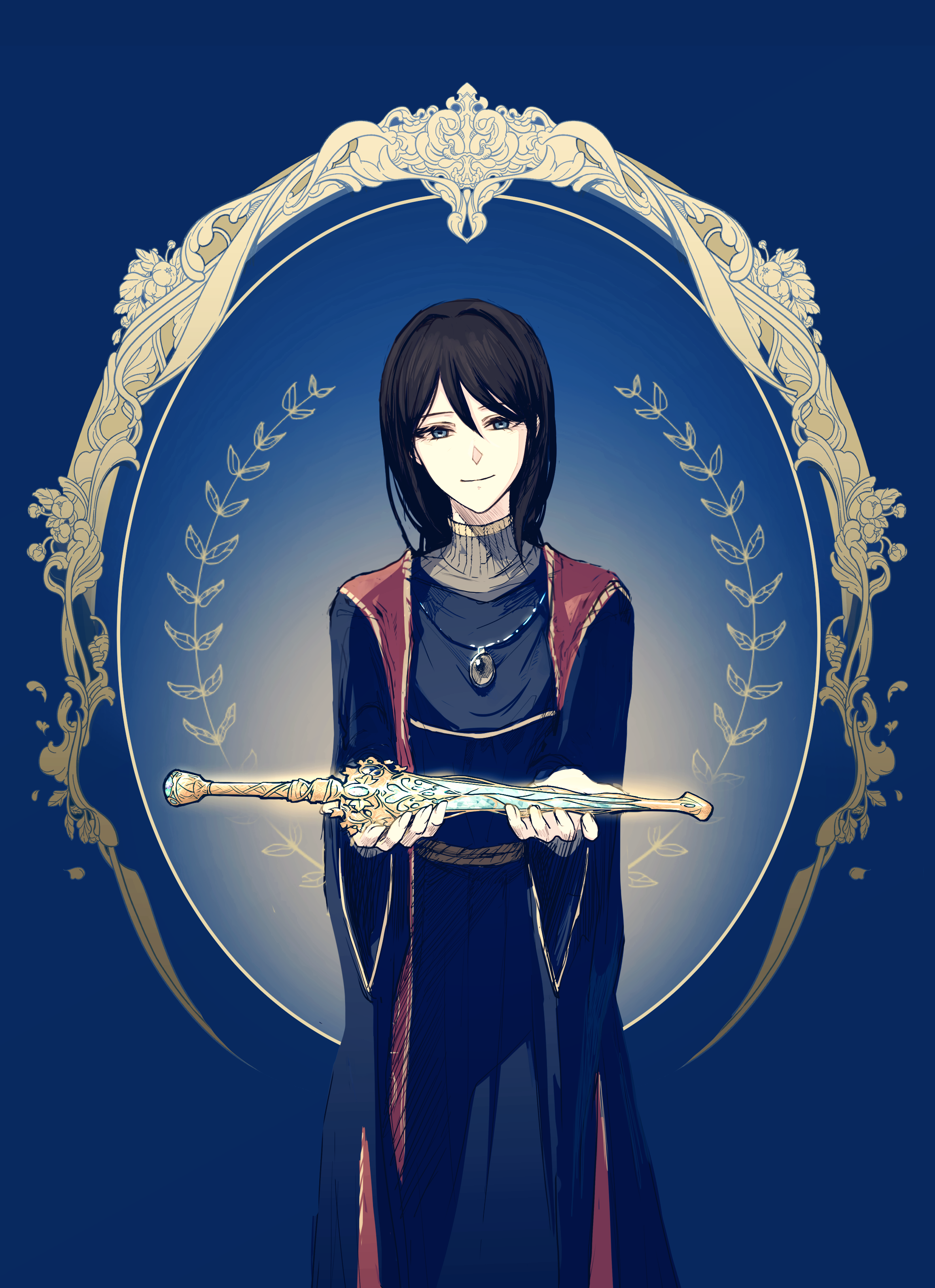 dot 7333, sorceress sellen, elden ring, absurdres, highres, revision, 1girl, black hair, braid, dagger, facing viewer, gift, hair between eyes, holding, holding dagger, holding gift, holding knife, holding weapon, jewelry, knife, looking at viewer, necklace, robe, smile, solo, stole, weapon, wrapping