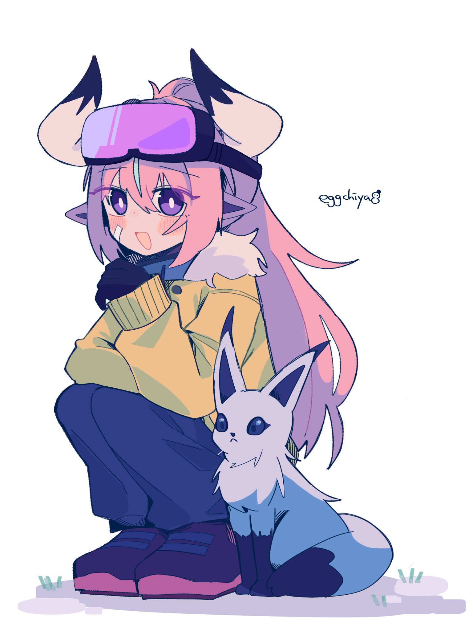 varesa (genshin impact), genshin impact, commentary request, highres, 1girl, alternate costume, alternate hairstyle, aqua hair, artist name, bandage on cheek, bandage on face, bandages, black gloves, blush, boots, cow girl, cow horns, dot nose, eggchiyababy, eyewear on head, fox, full body, fur-trimmed jacket, fur trim, gloves, goggles, hair between eyes, horns, jacket, long hair, long sleeves, looking at viewer, multicolored hair, open mouth, pants, pink hair, pointy ears, purple boots, purple eyes, simple background, ski goggles, solo, squatting, streaked hair, white background, yellow jacket