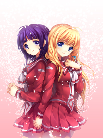 lowres, 2girls, blonde hair, blue eyes, cherry blossoms, multiple girls, purple eyes, purple hair, school uniform, smile, tears