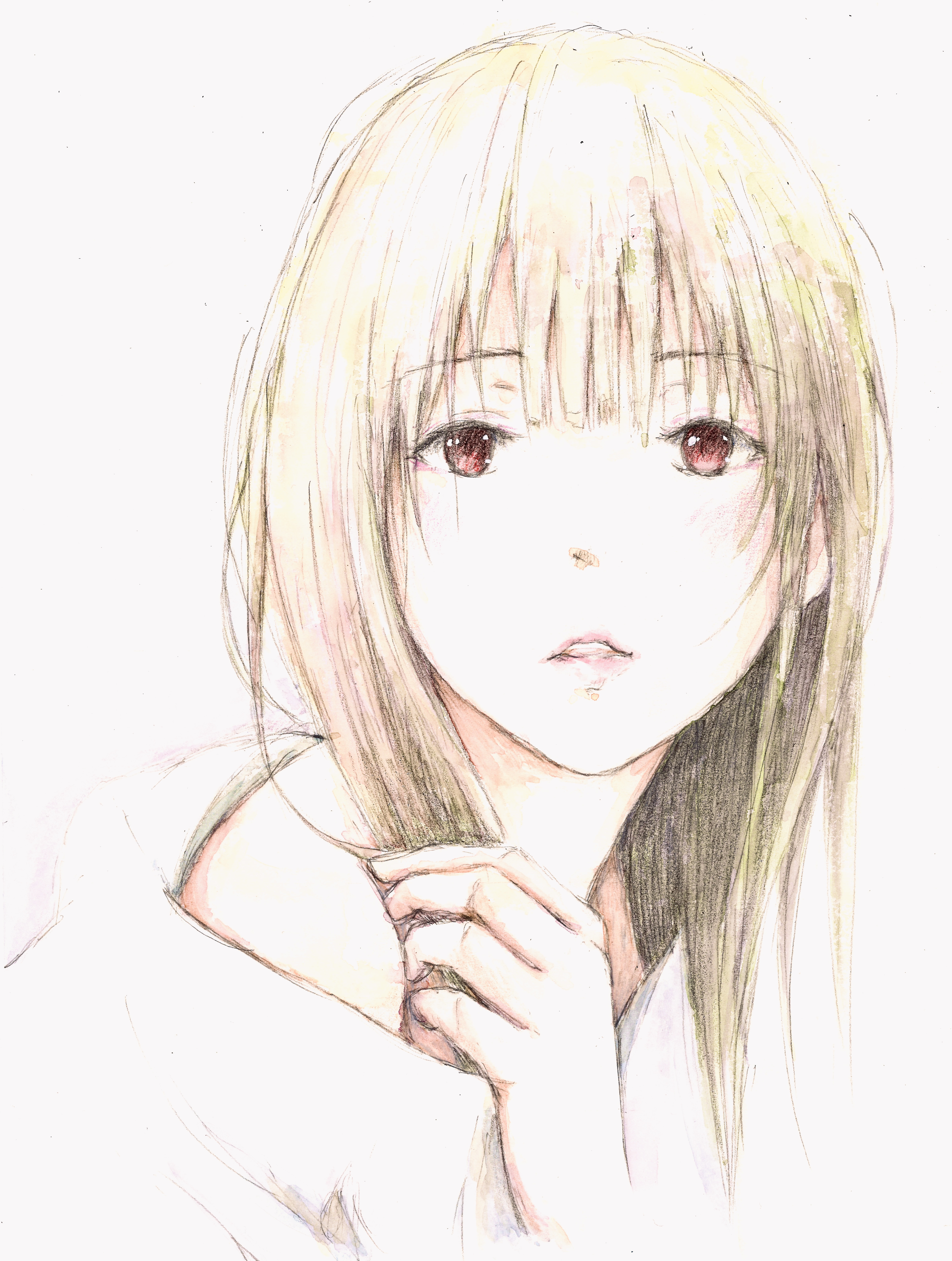 bbmasa, yoroizuka mizore, hibike! euphonium, liz to aoi tori, absurdres, commentary request, highres, traditional media, 1girl, black hair, gradient background, grey background, lips, long hair, looking at viewer, parted lips, portrait, red eyes, solo, straight-on