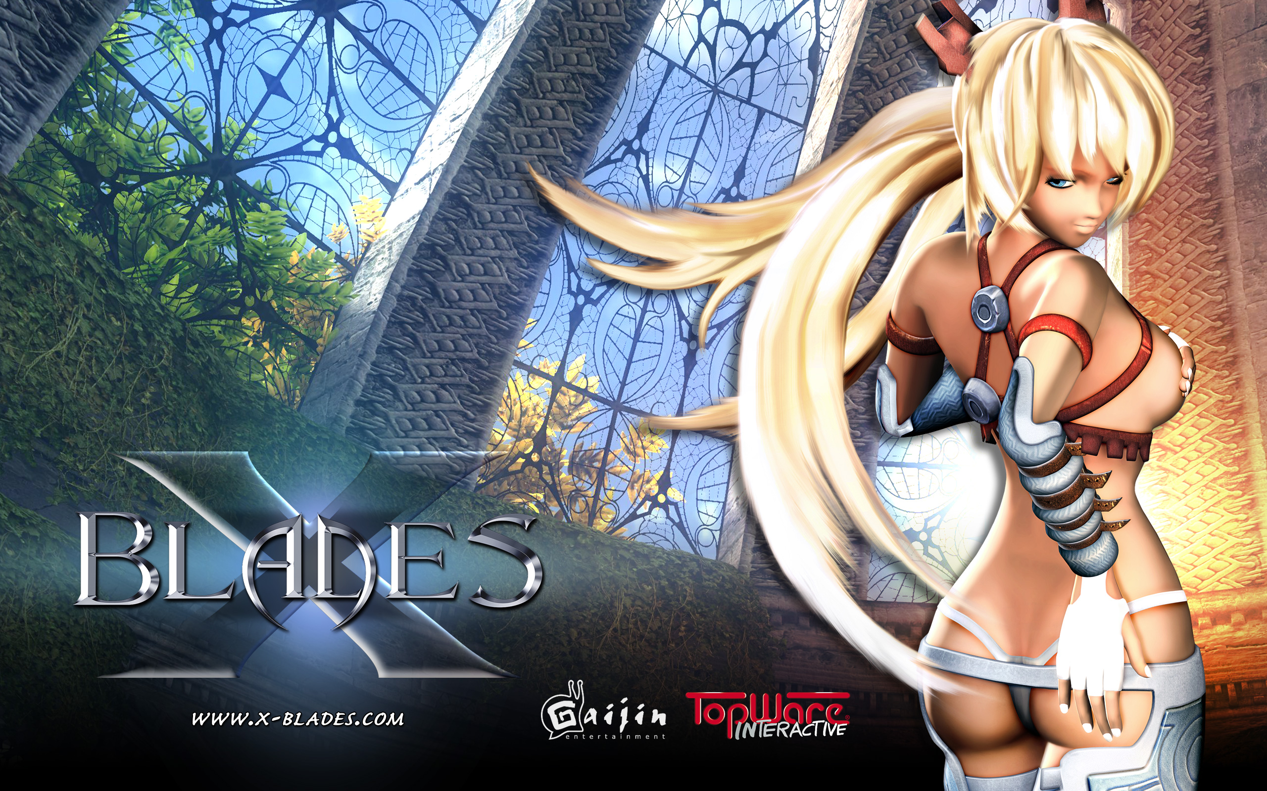 ayumi (x-blades), x-blades, highres, 1girl, 3d, aqua eyes, ass, blonde hair, blue eyes, boots, breasts, butt crack, covering breasts, covering privates, dark-skinned female, dark skin, eyelashes, female focus, grin, leaf, long hair, looking back, medium breasts, nipples, panties, plant, quad tails, sitting, smile, solo, tan, thong, topless female, tree, tri tails, underwear, very long hair, vines, window