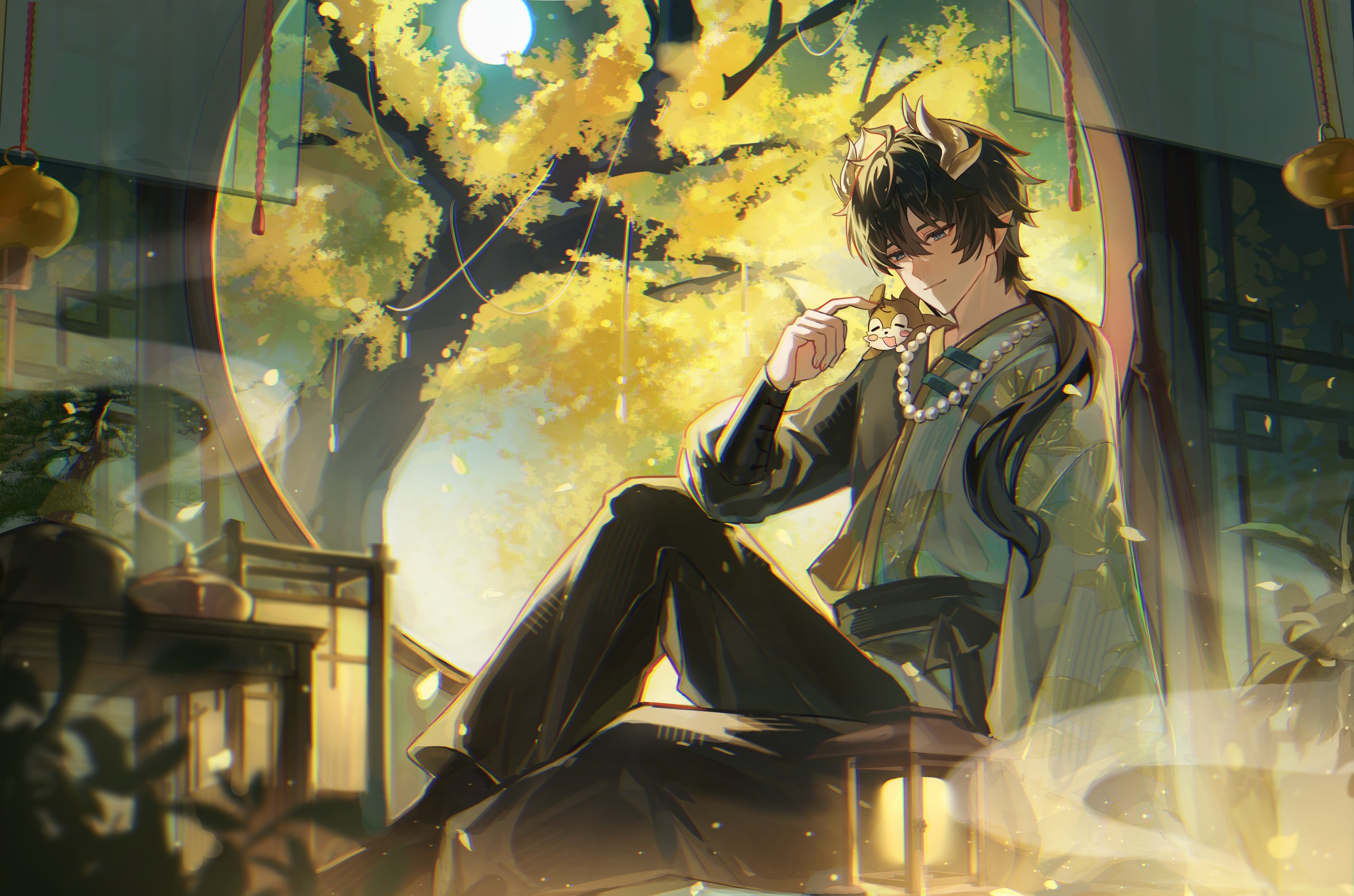 uwon, dan heng (honkai: star rail), dan heng (permansor terrae) (honkai: star rail), honkai: star rail, honkai (series), highres, 1boy, black pants, brown hair, closed mouth, dragon horns, full moon, hair over shoulder, horns, incense burner, jewelry, long hair, long sleeves, male focus, moon, necklace, on shoulder, pants, parted bangs, plant, pointy ears, ponytail, potted plant, sash, sitting, smile, solo, table, tree, yellow horns