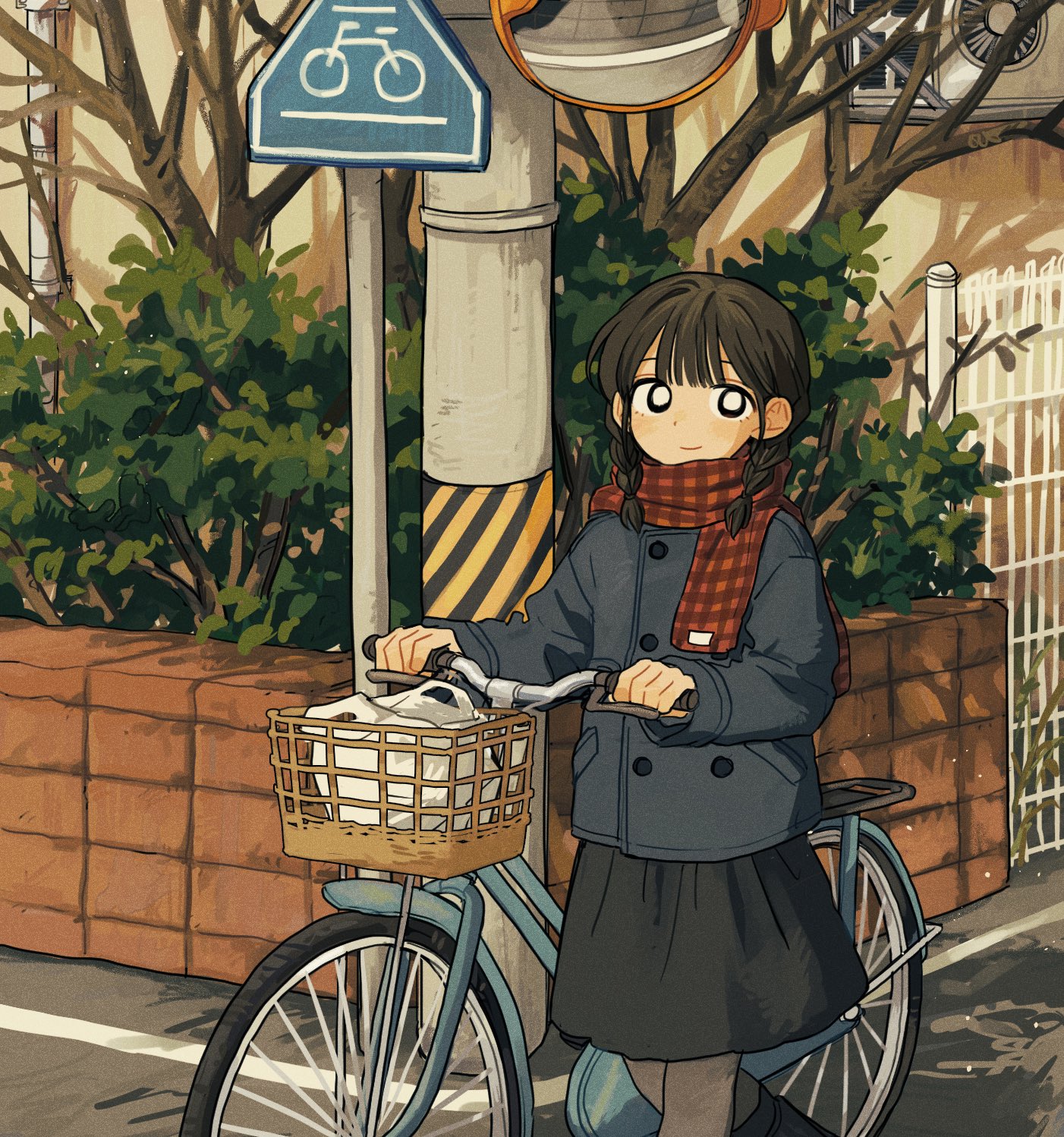 sihyun25, original, highres, 1girl, bicycle, black boots, black eyes, black hair, black jacket, black skirt, blunt bangs, boots, braid, bright pupils, closed mouth, day, feet out of frame, gingham clothes, gingham scarf, grey pantyhose, jacket, long sleeves, looking at viewer, medium hair, outdoors, pantyhose, red scarf, road sign, scarf, sign, skirt, smile, solo, standing, twin braids, white pupils, winter clothes