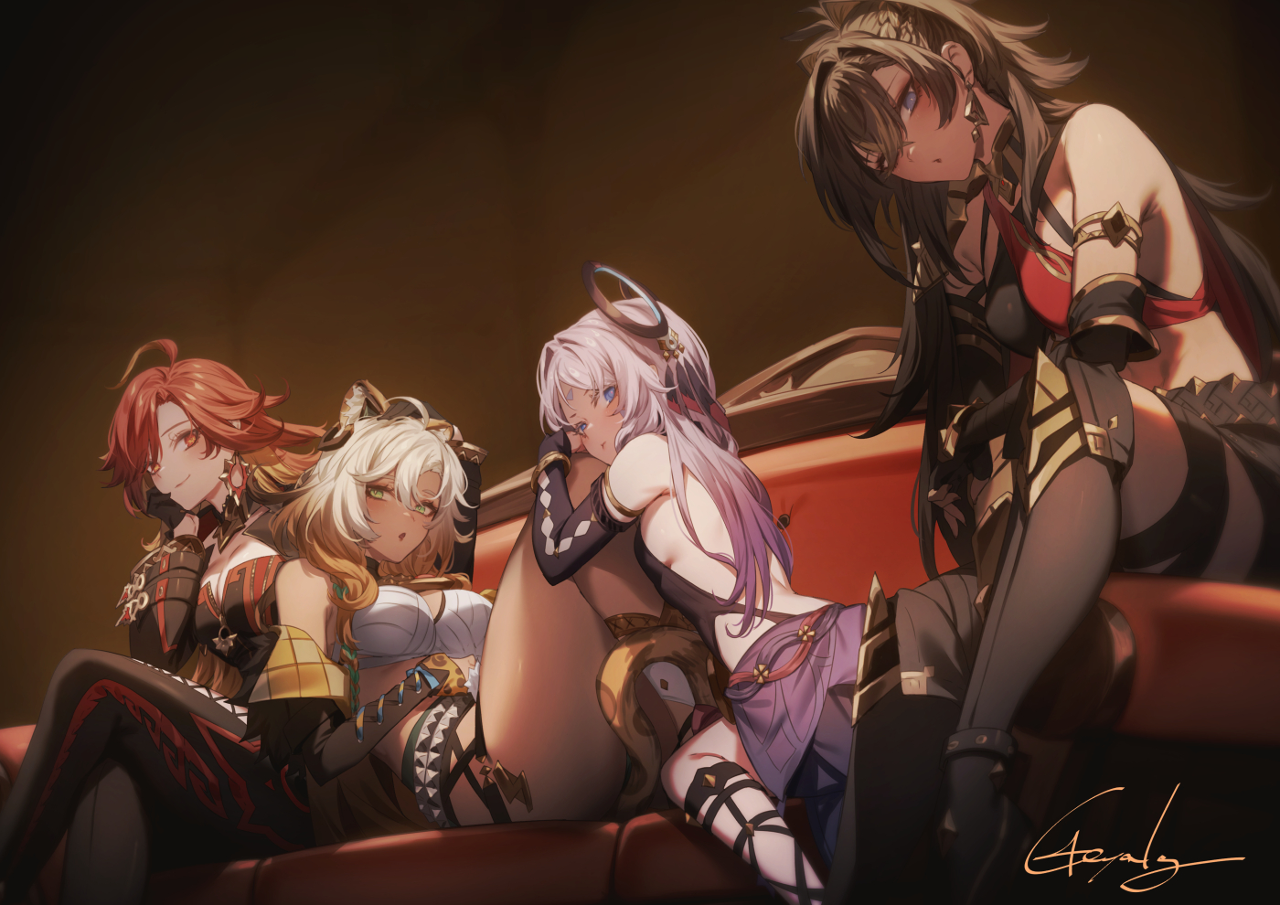 genyaky, citlali (genshin impact), dehya (genshin impact), mavuika (genshin impact), xilonen (genshin impact), genshin impact, commentary request, 4girls, animal ears, armlet, asymmetrical clothes, bare shoulders, biker clothes, bikesuit, black bodysuit, blonde hair, blue eyes, blush, bodysuit, breasts, cleavage, criss-cross halter, crossed bangs, crossed legs, cutoffs, dark-skinned female, dark skin, earrings, facial mark, feathers, floating headgear, green eyes, hair ears, halter leotard, halterneck, headgear, high-waist shorts, jaguar ears, jaguar girl, jaguar tail, jewelry, knees up, large breasts, leaning forward, leotard, long hair, multicolored hair, multiple girls, multiple thigh straps, orange eyes, orange hair, orange pupils, pink hair, pointy hair, purple feathers, purple sarong, sarong, shorts, sideboob, single pantsleg, sitting, streaked hair, sun earrings, tail, tan, thigh strap, triangle, triangle facial mark