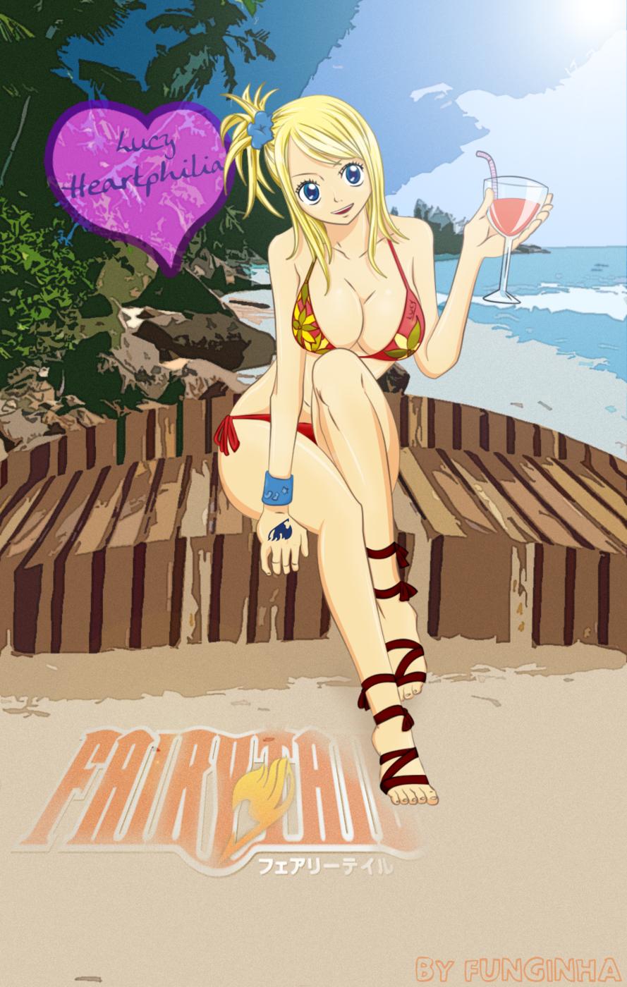 lucy heartfilia, fairy tail, highres, 00s, beach, bikini, blonde hair, blue eyes, breasts, cleavage, sitting, swimsuit