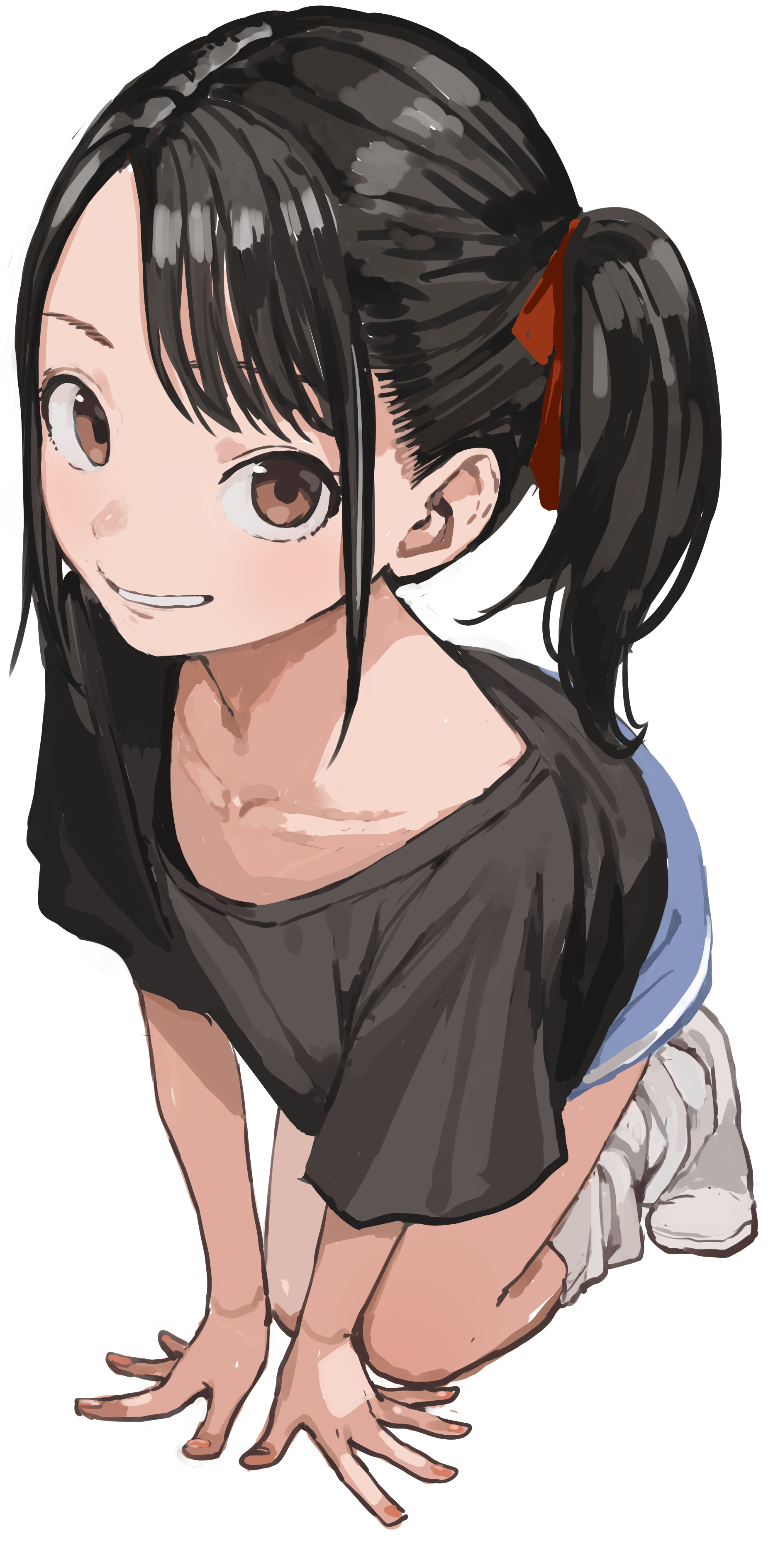 yamamoto souichirou, original, absurdres, commentary request, highres, 1girl, arm support, black hair, black shirt, blue skirt, bow, brown eyes, collarbone, full body, hair bow, kneeling, looking at viewer, no shoes, red bow, shirt, side ponytail, simple background, skirt, smile, socks, solo, white background, white socks