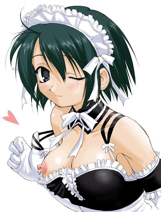 sawatari izumi, kore ga watashi no goshujin-sama, blush, breasts, heart, maid, nipple piercing, nipple rings, nipples, smile, wink