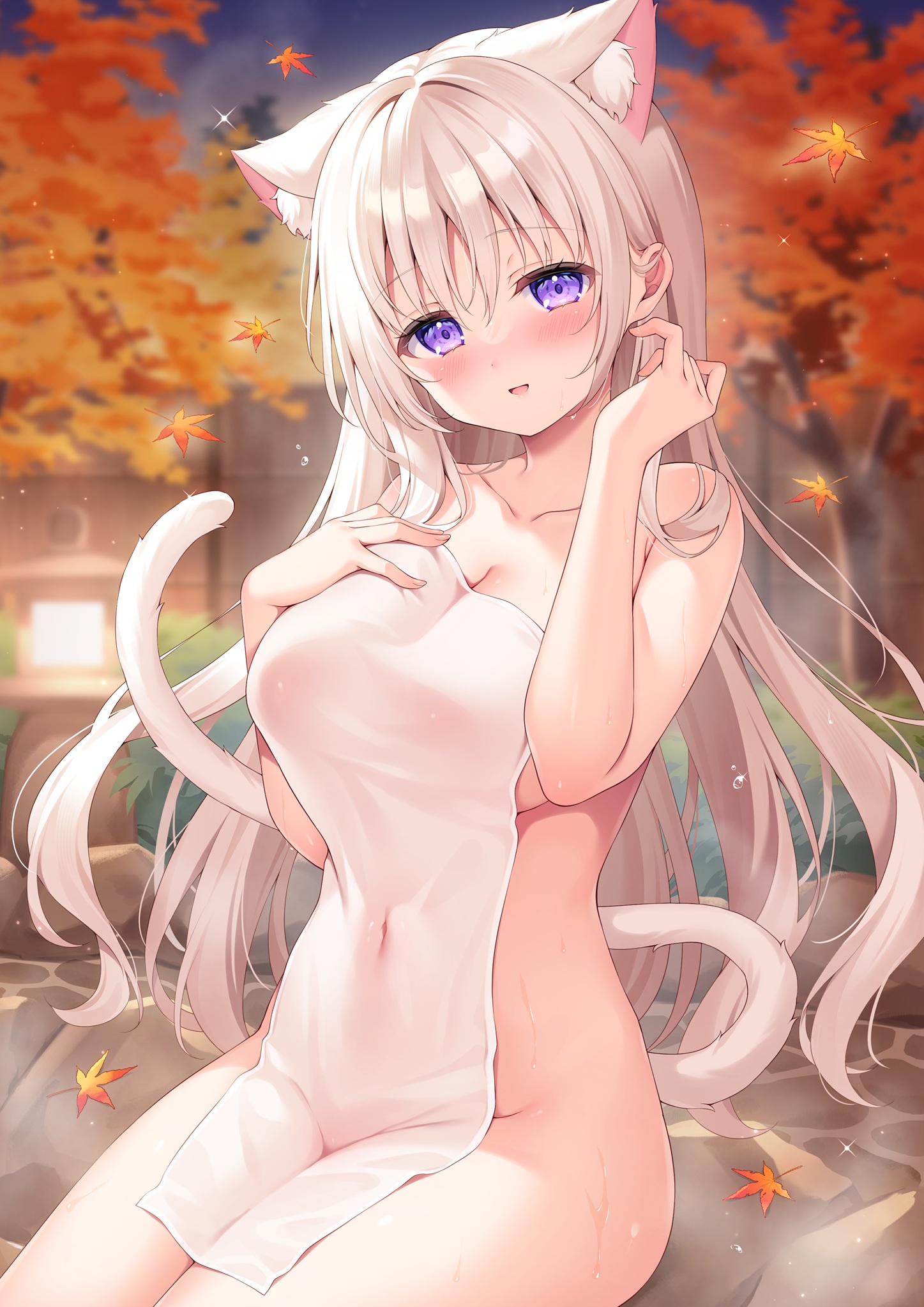 shiono (0303), original, commentary request, highres, 1girl, animal ear fluff, animal ears, armpit crease, blush, breasts, cat ears, cat girl, cat tail, cleavage, collarbone, completely nude, covering privates, falling leaves, groin, hair behind ear, hair between eyes, hand on own chest, head tilt, large breasts, leaf, long hair, looking at viewer, maple leaf, navel, nude, nude cover, onsen, open mouth, purple eyes, see-through towel, shiny skin, sitting, smile, solo, steam, tail, tucking hair, wet, white hair