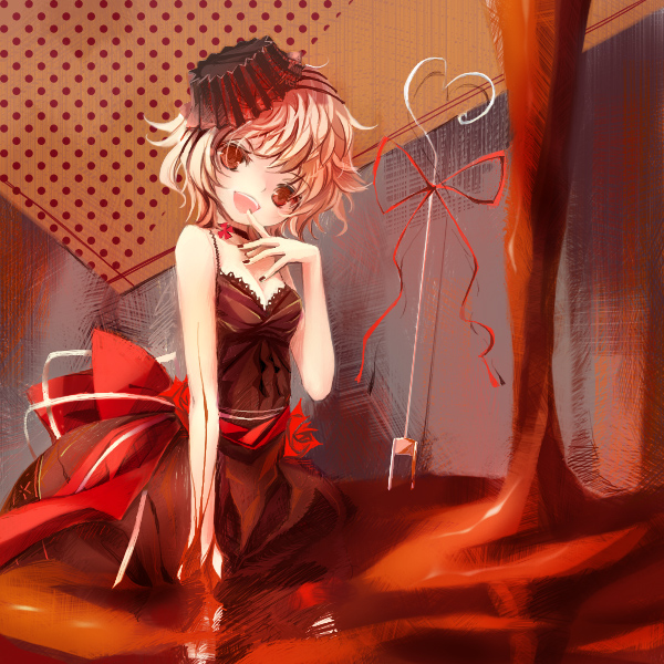 saya (sayaya), original, bad id, bad pixiv id, 1girl, bow, chocolate, dress, female focus, food, food-themed clothes, in food, mini person, minigirl, red eyes, red hair, red theme, solo, valentine