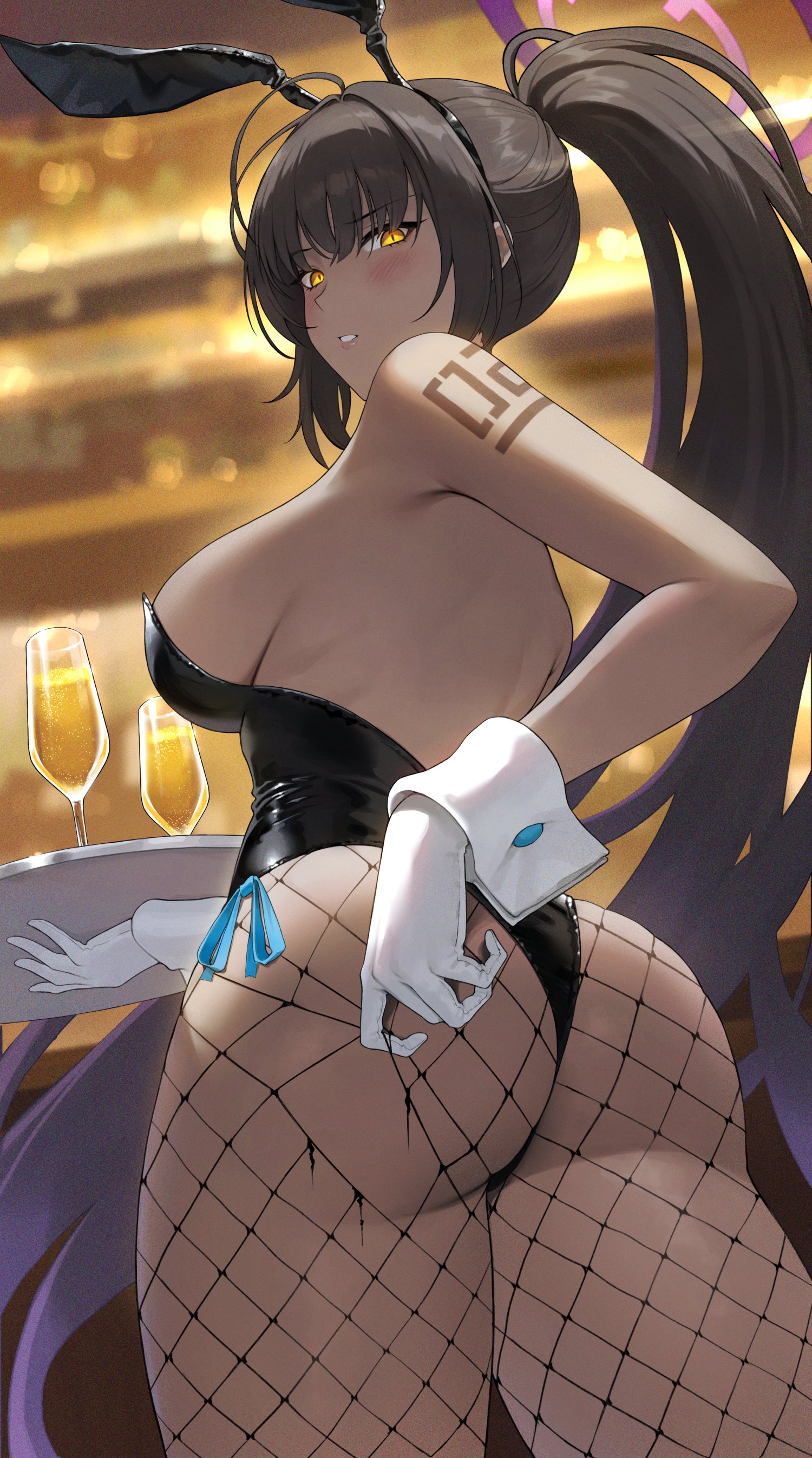 reiji-rj, karin (blue archive), karin (bunny) (blue archive), blue archive, absurdres, highres, revision, 1girl, alcohol, animal ears, ass, backless leotard, black hair, black leotard, blurry, blurry background, blush, breasts, champagne, champagne flute, cup, dark-skinned female, dark skin, drinking glass, fake animal ears, fishnet pantyhose, fishnets, gloves, gradient hair, hair between eyes, halo, highleg, highleg leotard, holding, holding tray, indoors, large breasts, leotard, long hair, looking at viewer, looking down, multicolored hair, number tattoo, official alternate costume, pantyhose, parted lips, playboy bunny, ponytail, purple hair, purple halo, rabbit ears, shoulder tattoo, side-tie leotard, sidelocks, solo, strapless, strapless leotard, tattoo, teeth, thong leotard, torn clothes, torn pantyhose, tray, twisted torso, very long hair, white gloves, white wrist cuffs, wrist cuffs, yellow eyes